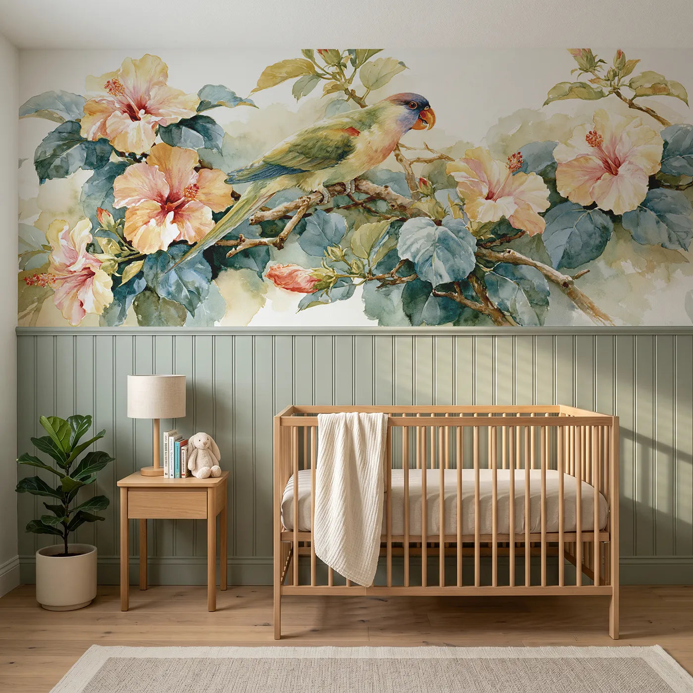 Watercolor wainscoting wallpaper of a parrot among hibiscus flowers by Whimsy Tots