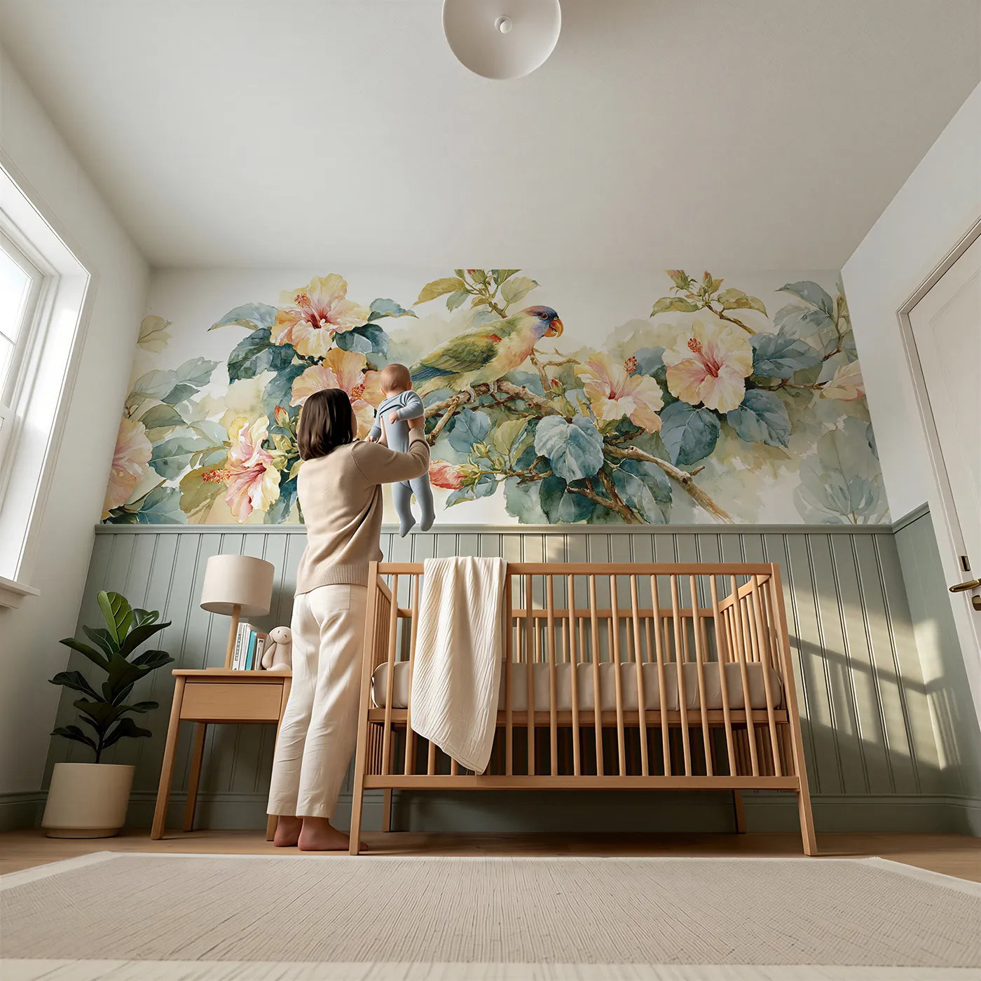 Child reading near Parrot Hibiscus Morning Wainscoting Wallpaper by Whimsy Tots