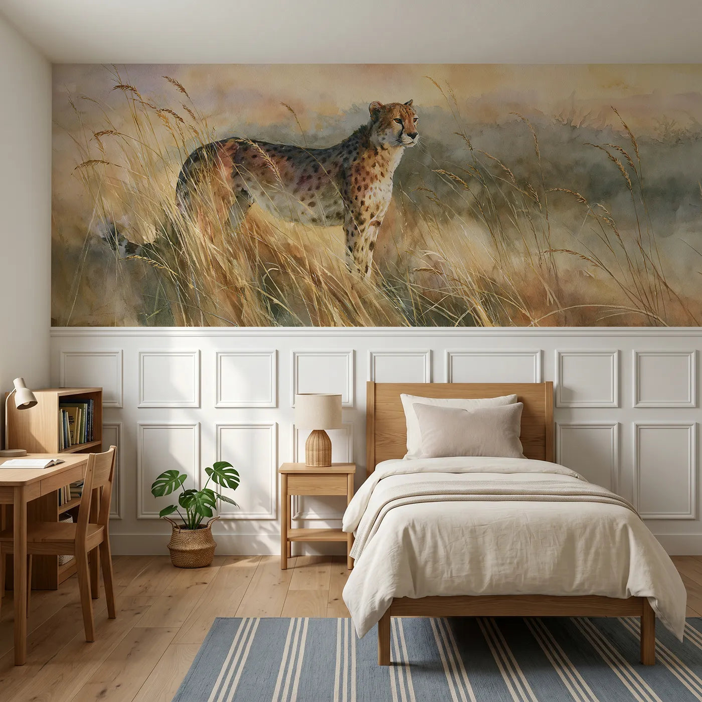 Watercolor wainscoting wallpaper of a cheetah in amber morning grasses by Whimsy Tots