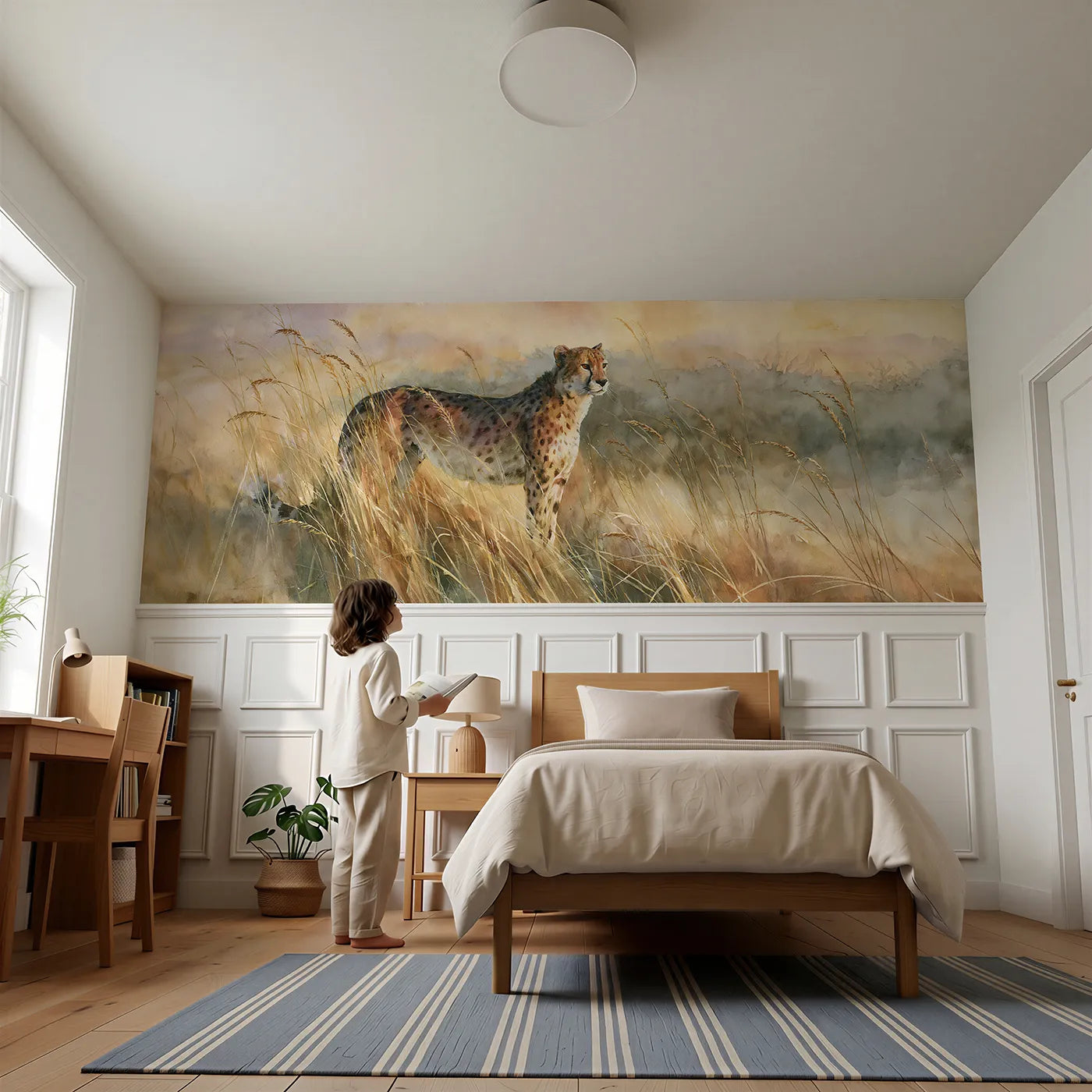 Child reading near Cheetah Amber Grass Morning Wainscoting Wallpaper by Whimsy Tots