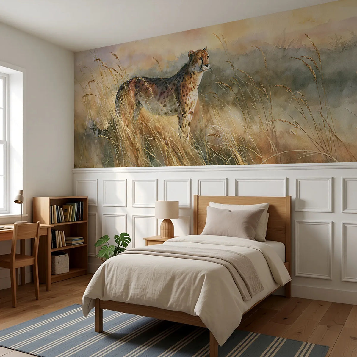 Cheetah Amber Grass Morning Wainscoting Wallpaper styled in a kids room by Whimsy Tots