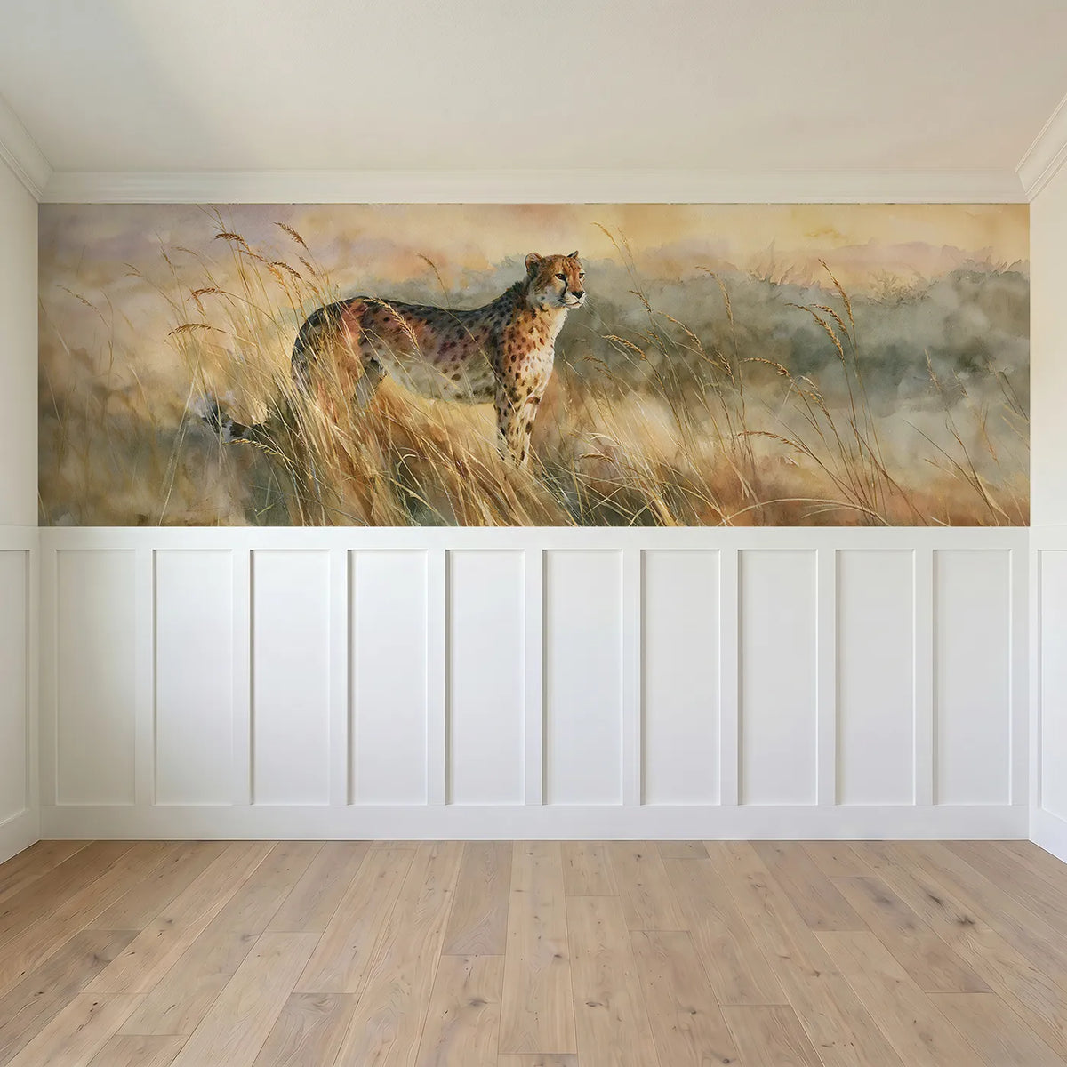 Full panel view of Cheetah Amber Grass Morning Wainscoting Wallpaper by Whimsy Tots