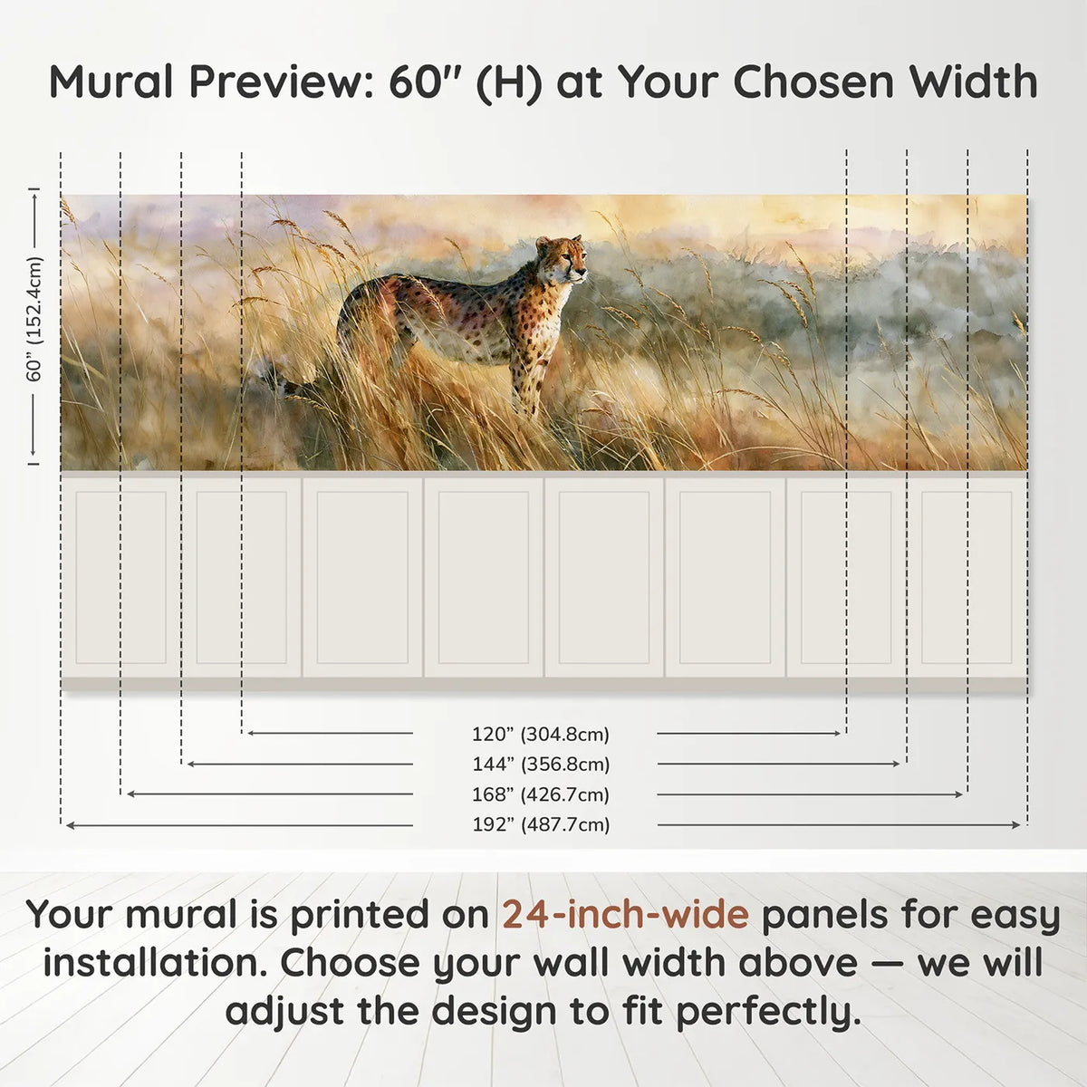 Panel dimensions for Cheetah Amber Grass Morning Wainscoting Wallpaper by Whimsy Tots