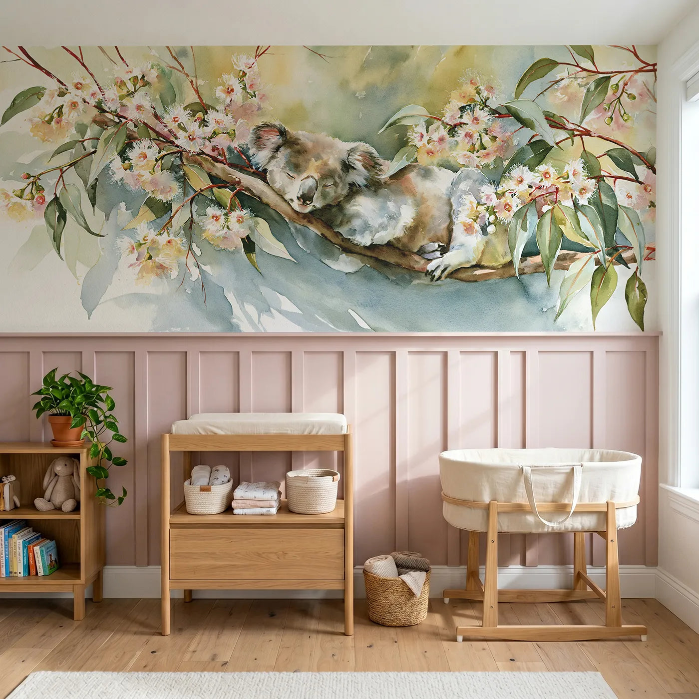 Watercolor wainscoting mural of a koala dozing in gum blossoms by Whimsy Tots