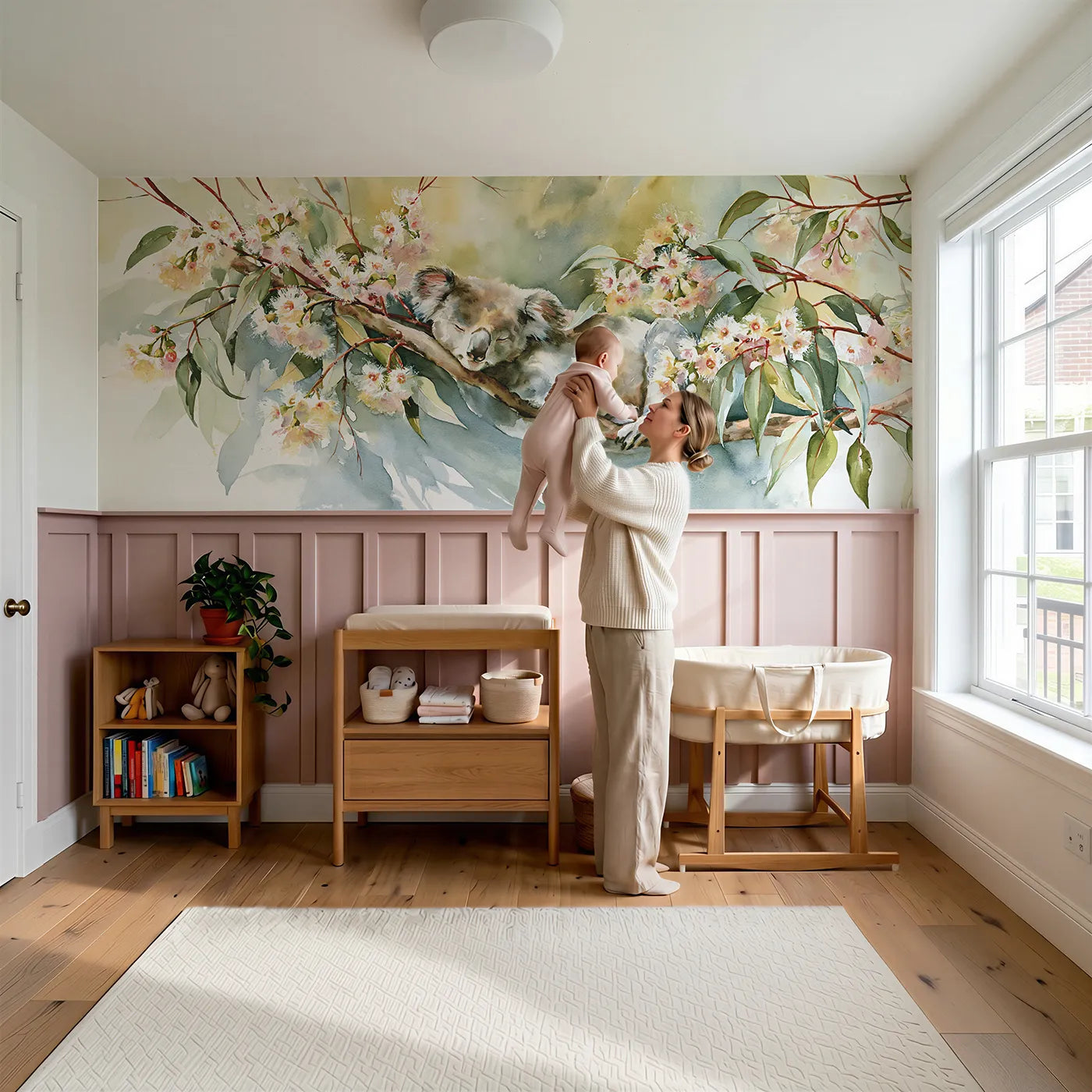 Child reading near Koala Gum Blossom Detail Wainscoting Wallpaper by Whimsy Tots