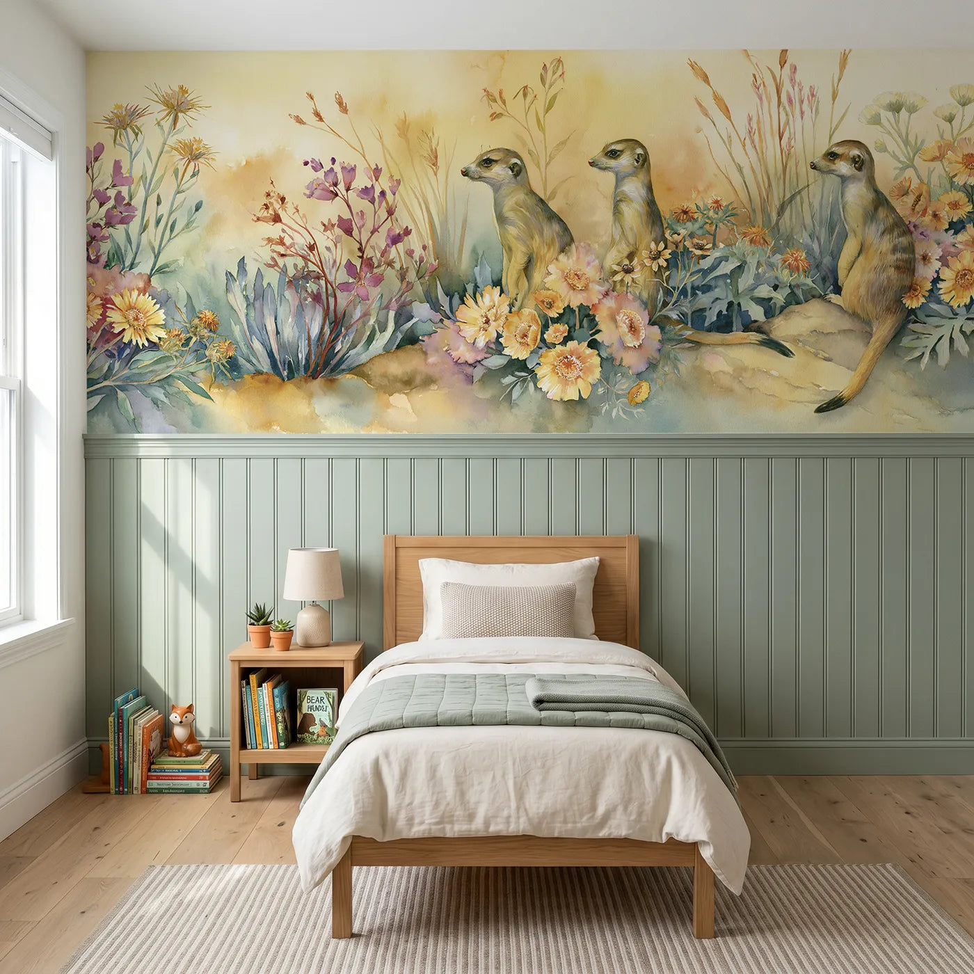 Watercolor wainscoting wallpaper of meerkats among desert flowers after rain by Whimsy Tots