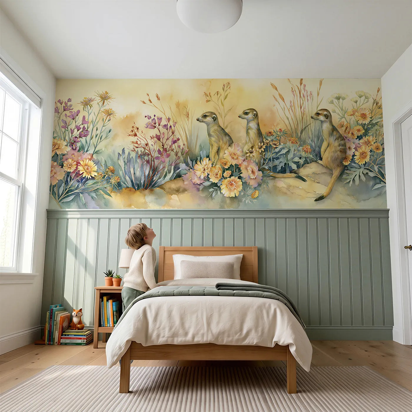Child reading near Meerkat Among Desert Blooms Wainscoting Wallpaper by Whimsy Tots