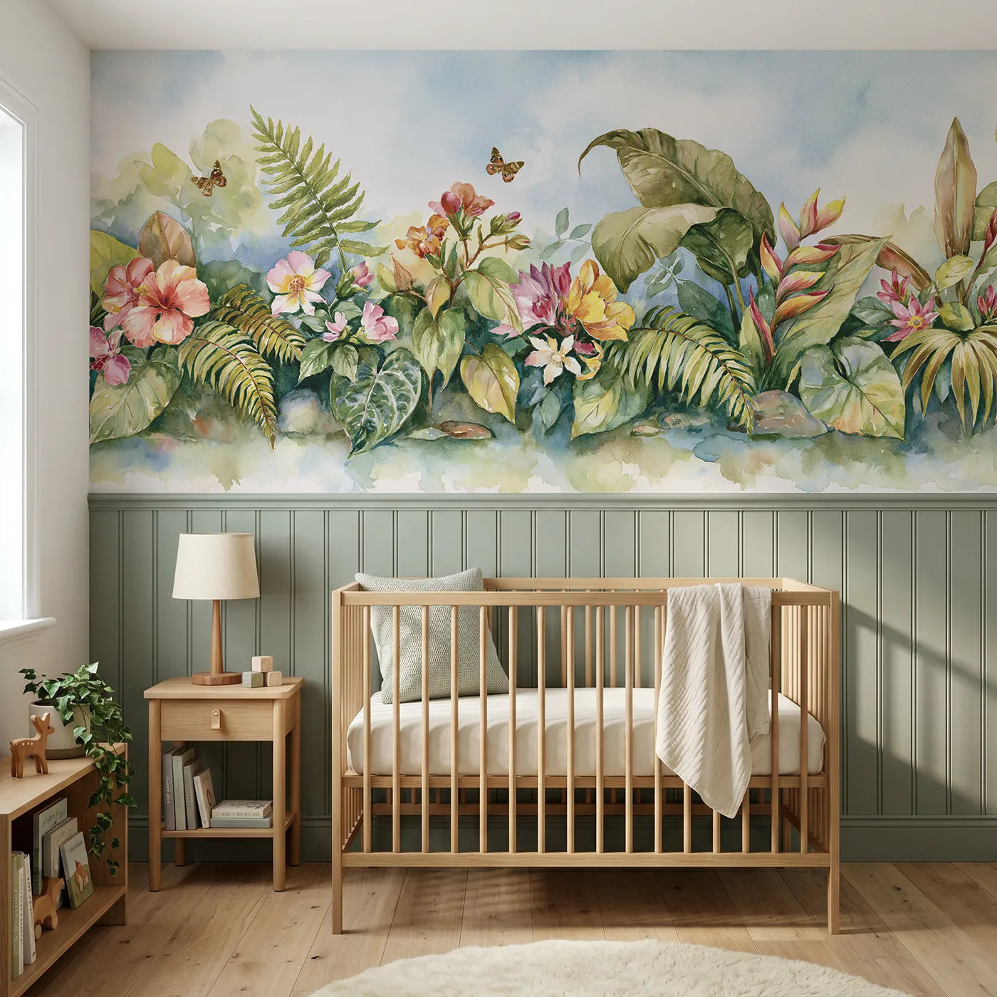 Watercolor wainscoting wallpaper of jungle blooms and butterflies by a stream by Whimsy Tots