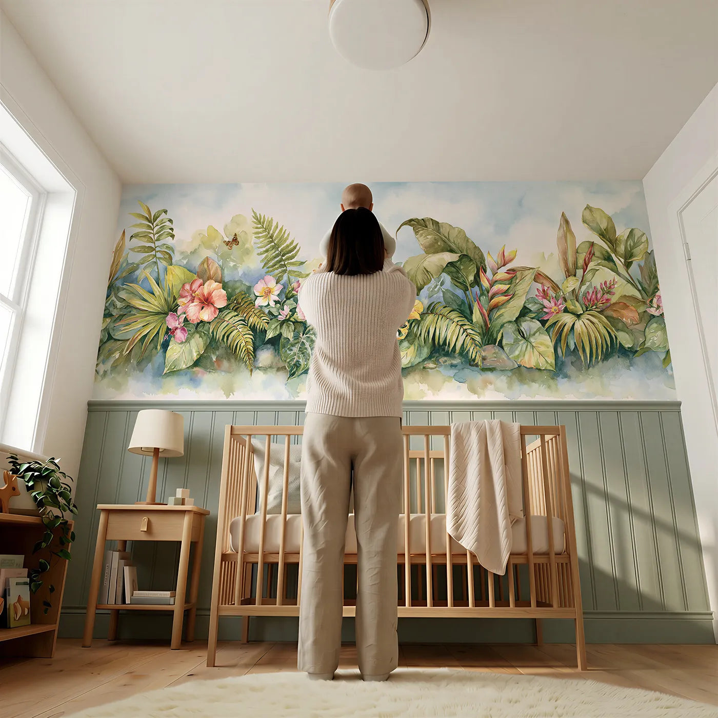 Child reading near Jungle Stream Blooms Wainscoting Wallpaper by Whimsy Tots