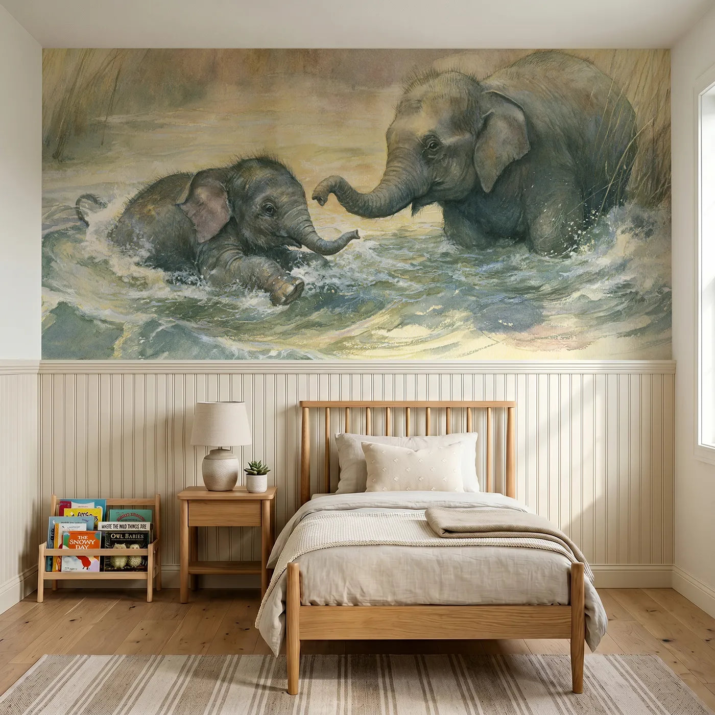 Storybook wainscoting wallpaper of an elephant calf learning to swim by Whimsy Tots
