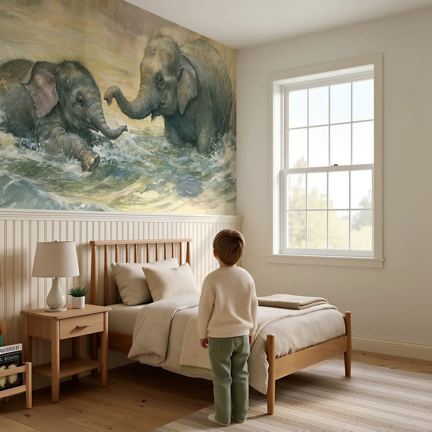 Child reading near Elephant Calf First Swim Wainscoting Wallpaper by Whimsy Tots