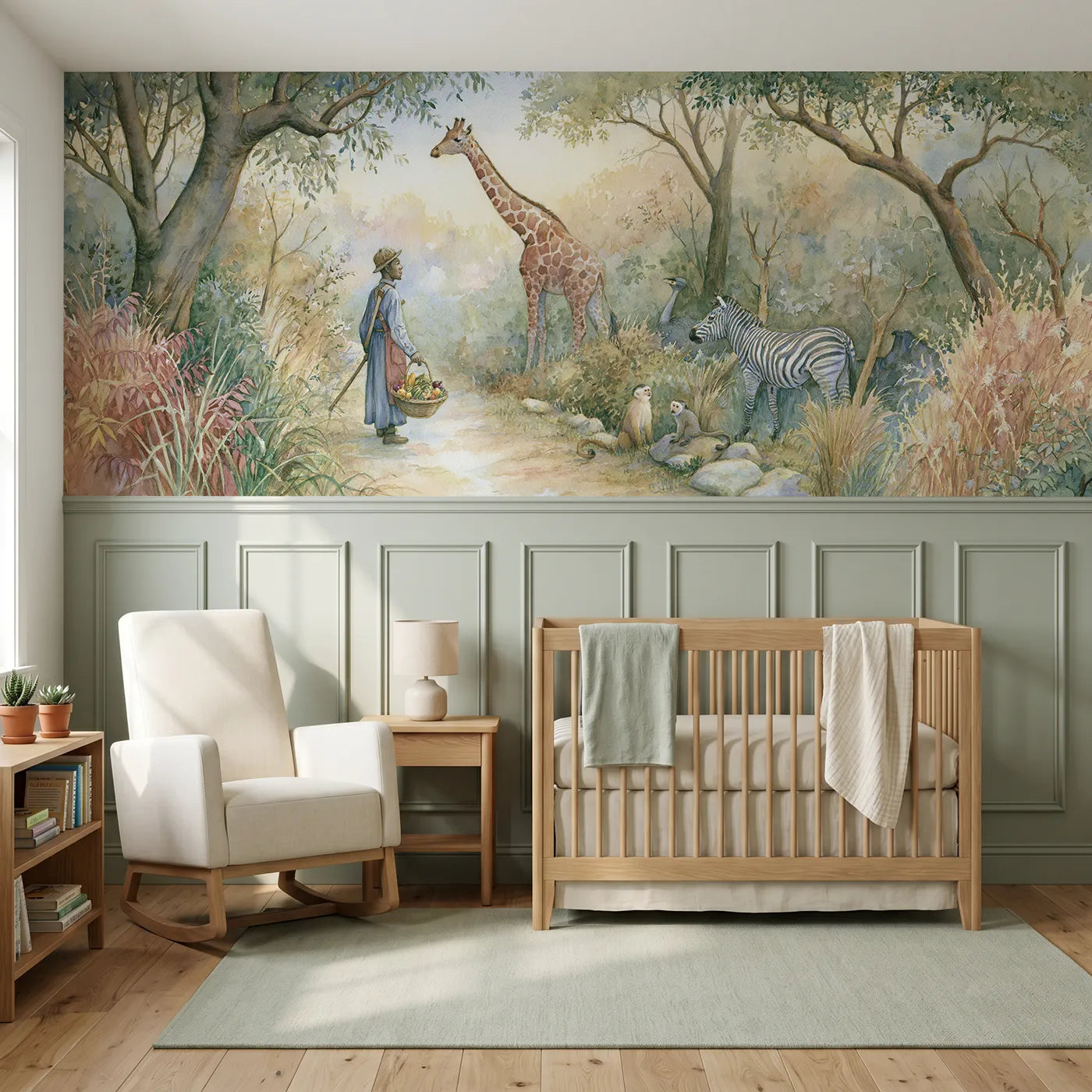 Storybook wainscoting mural of a zoo breakfast with keeper and animals by Whimsy Tots