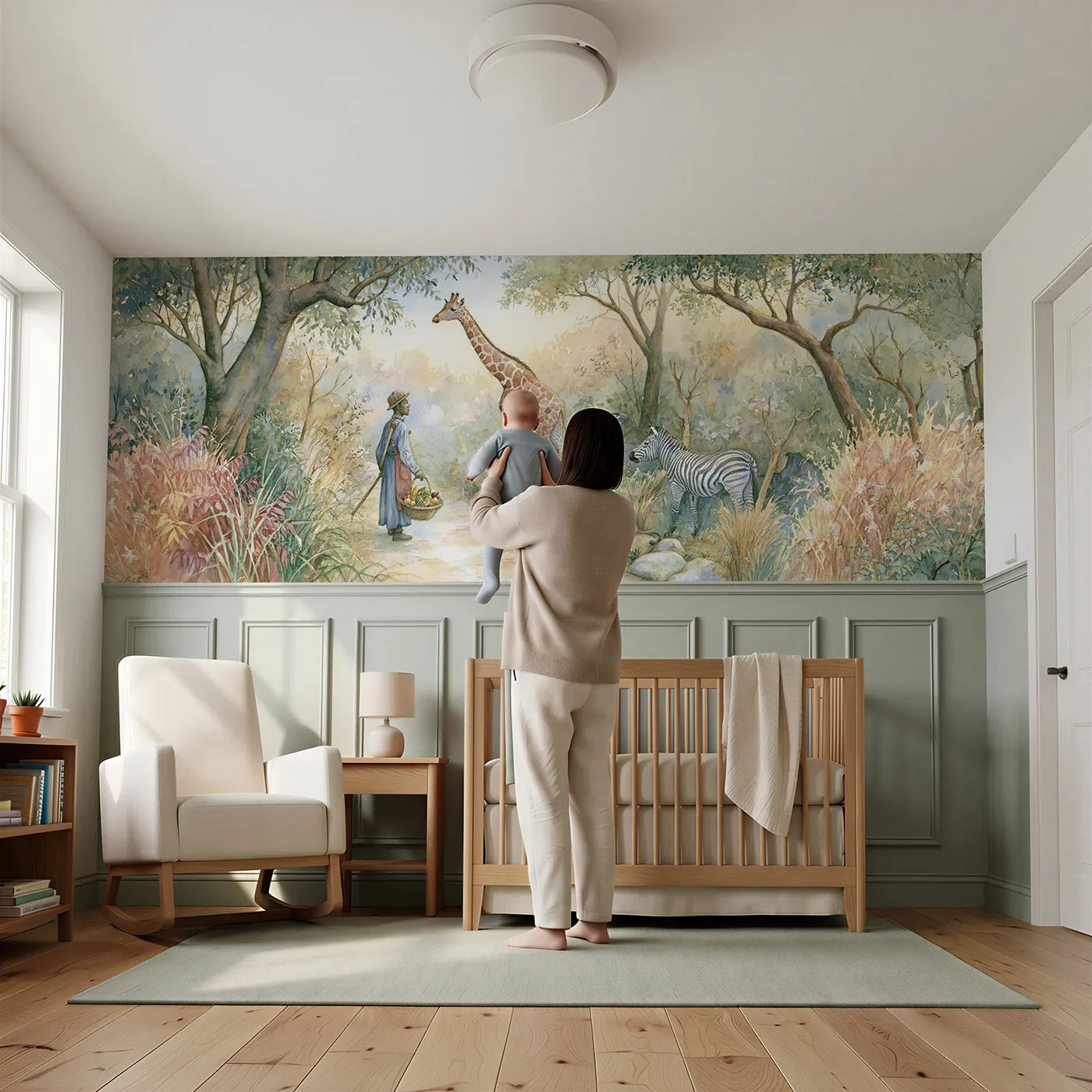 Child reading near Zoo Breakfast Morning Wainscoting Wallpaper by Whimsy Tots