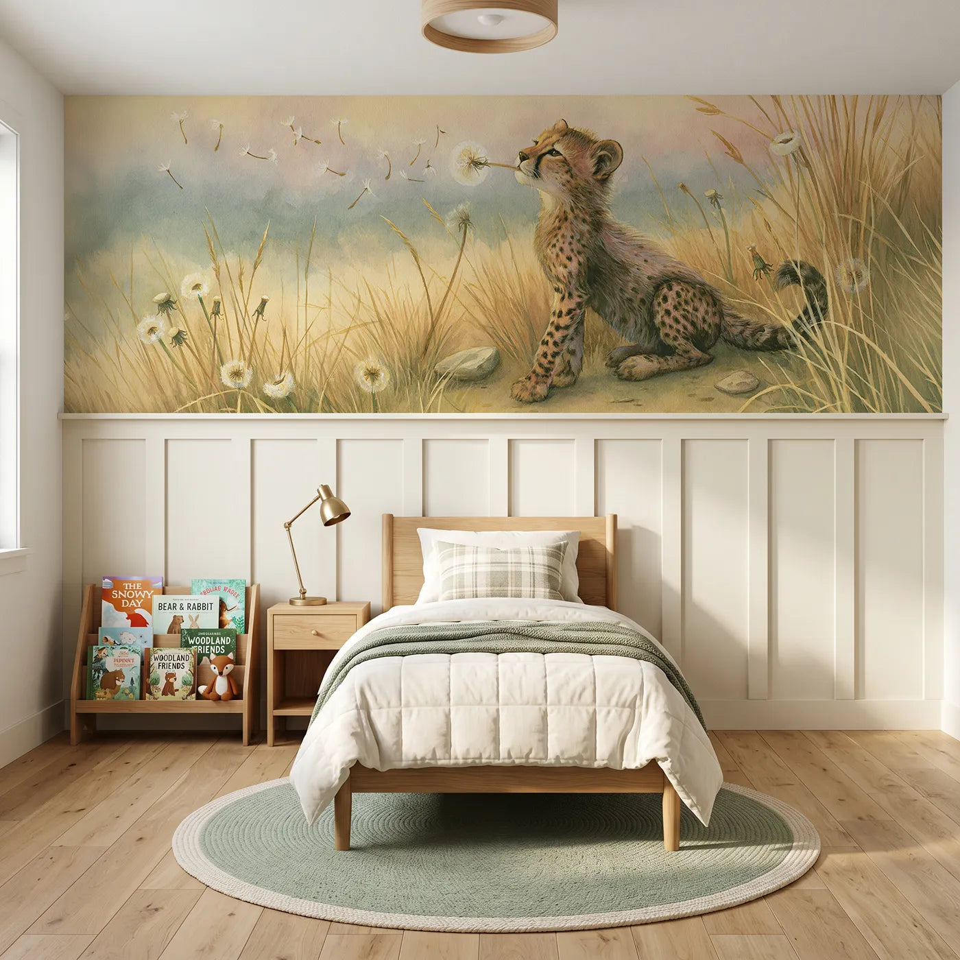 Storybook wainscoting wallpaper of a cheetah cub blowing a dandelion wish by Whimsy Tots