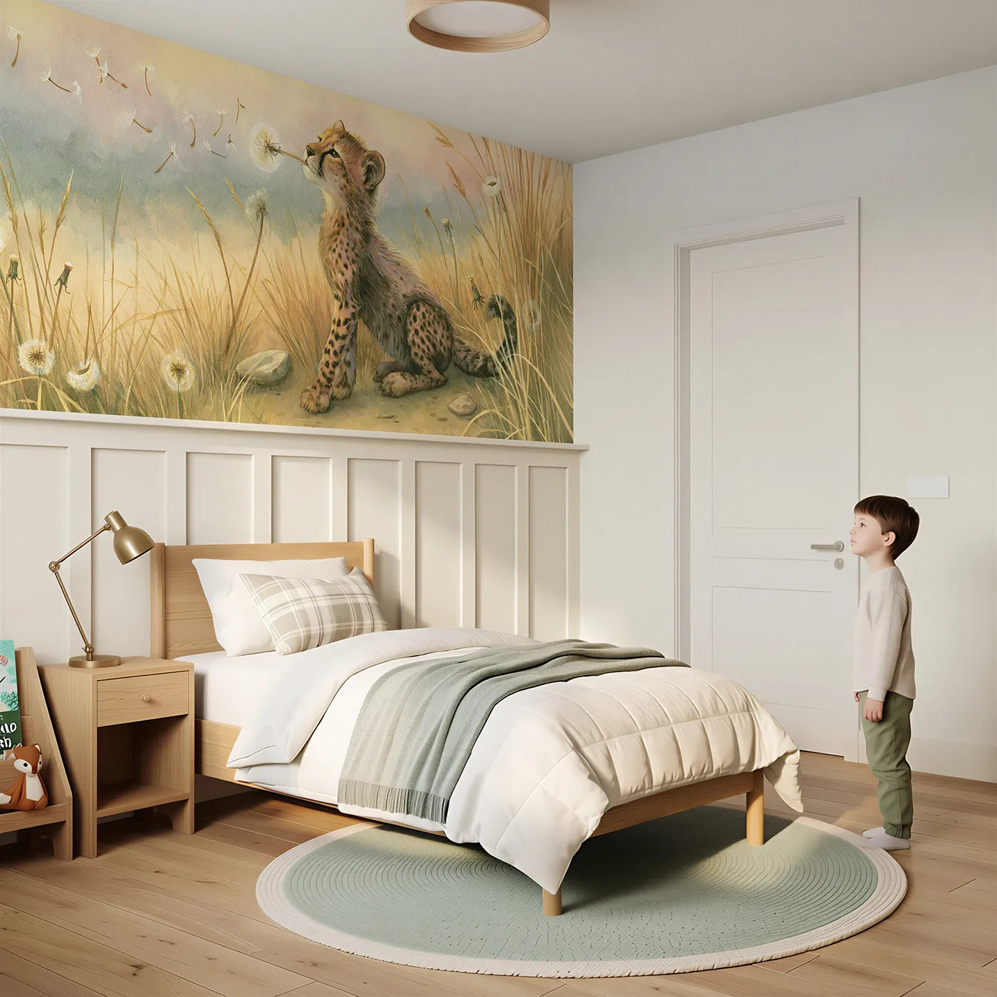 Child reading near Cheetah Cub Dandelion Wish Wainscoting Wallpaper by Whimsy Tots