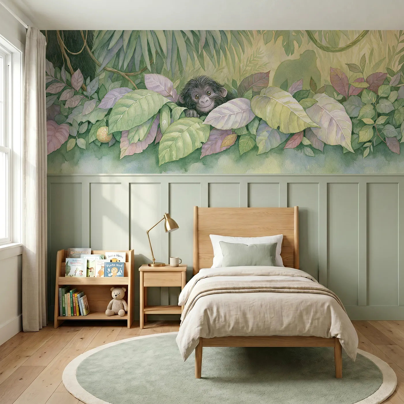 Storybook wainscoting wallpaper of a gorilla toddler playing in leaves by Whimsy Tots