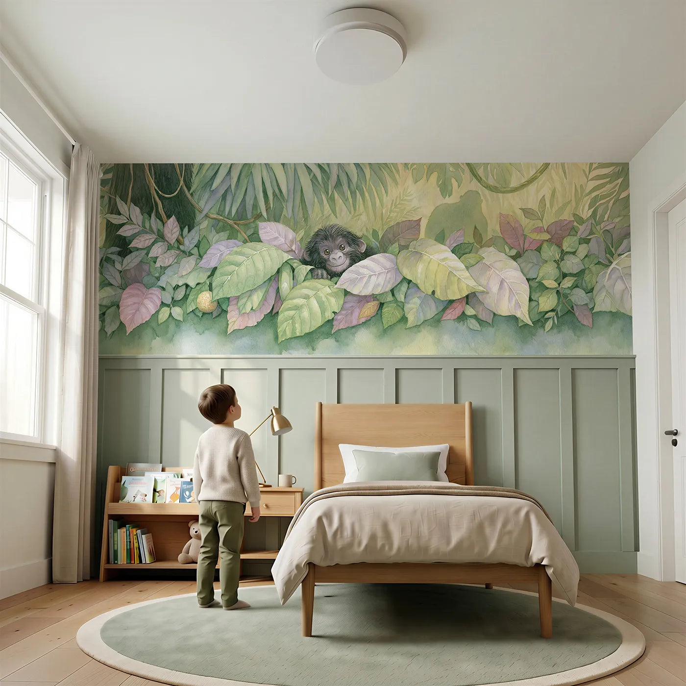 Child reading near Gorilla Toddler Leaf Play Wainscoting Wallpaper by Whimsy Tots