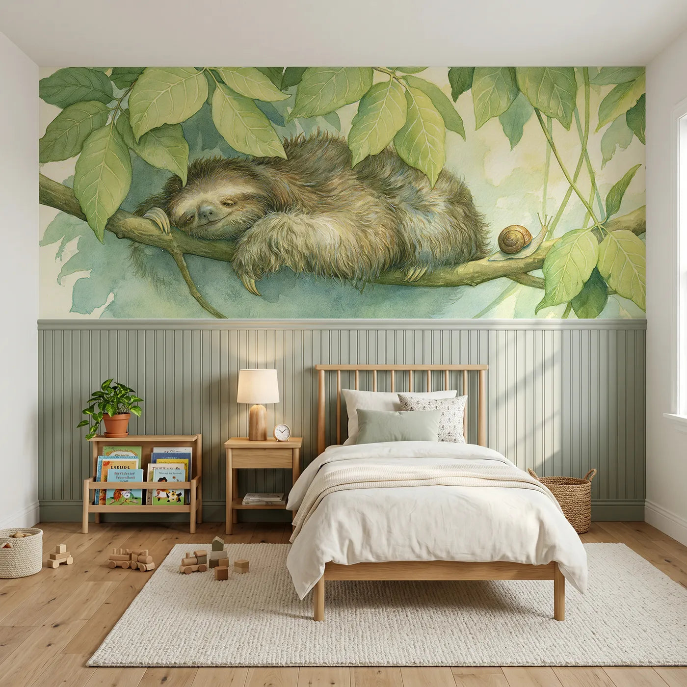 Storybook wainscoting wallpaper of a sloth and snail racing slowly by Whimsy Tots