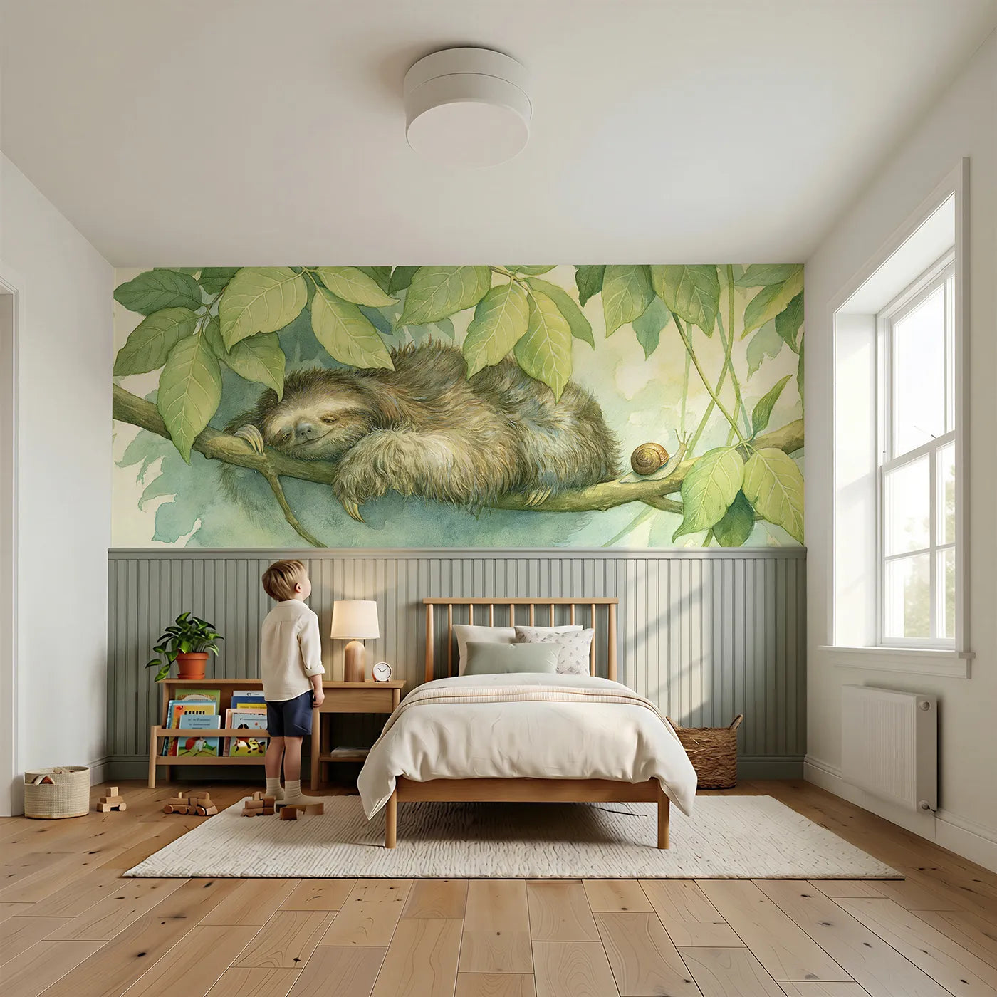 Child reading near Sloth and Snail Slow Race Wainscoting Wallpaper by Whimsy Tots