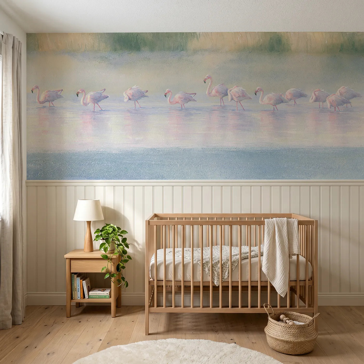 Soft pastel wainscoting wallpaper of flamingos stretching at sunrise by Whimsy Tots
