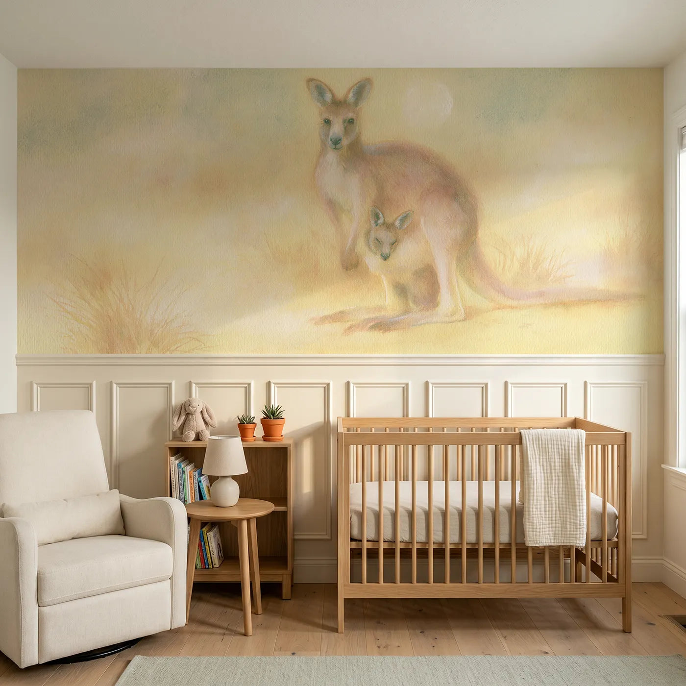 Soft pastel wainscoting wallpaper of a joey dozing in a kangaroo pouch by Whimsy Tots