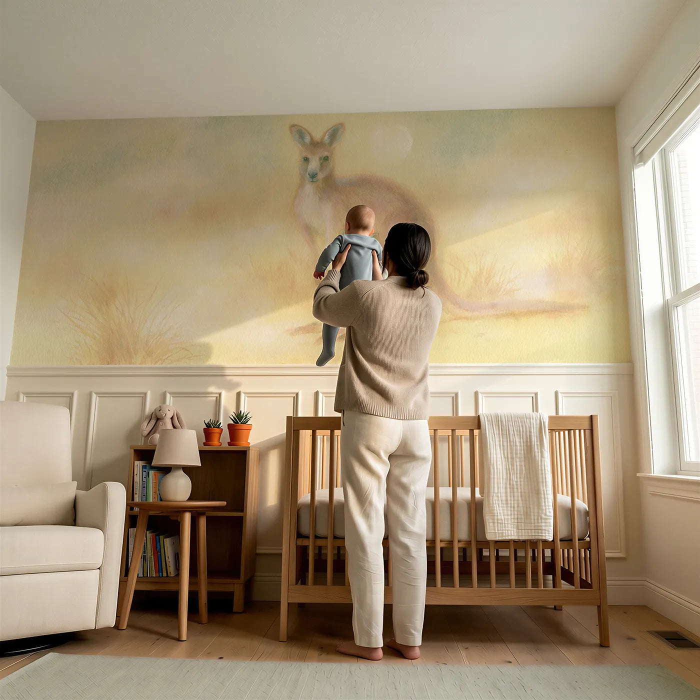 Child reading near Kangaroo Joey Pouch Doze Wainscoting Wallpaper by Whimsy Tots