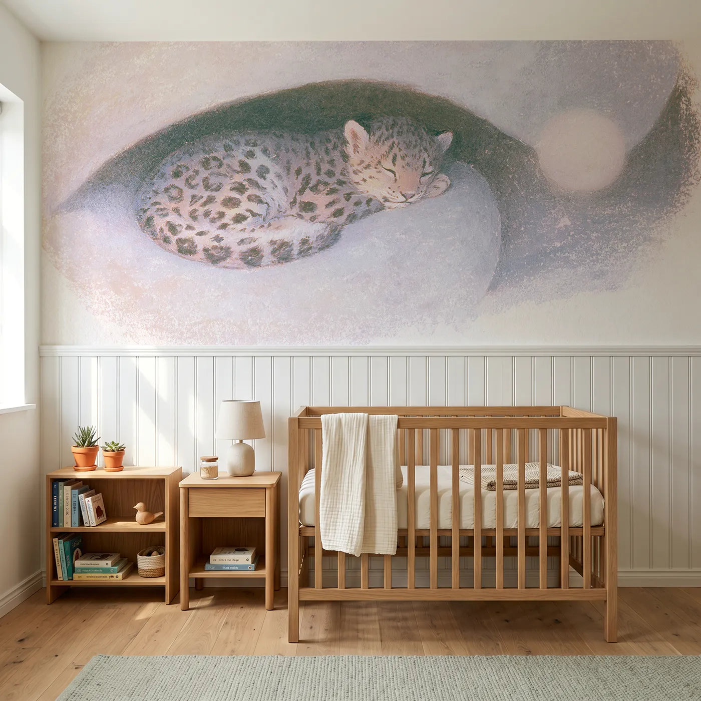 Soft pastel wainscoting mural of a leopard cub asleep in moonlight by Whimsy Tots