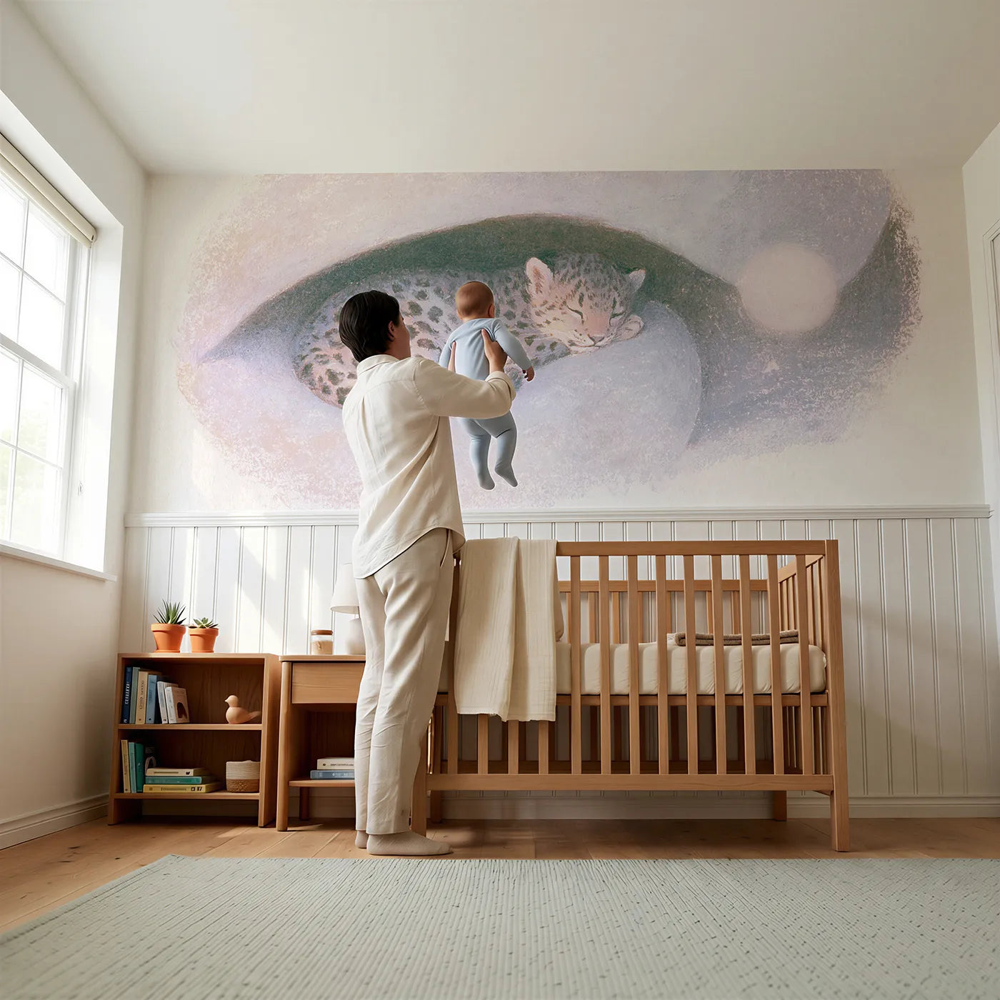 Child reading near Leopard Cub Moon Curl Wainscoting Wallpaper by Whimsy Tots