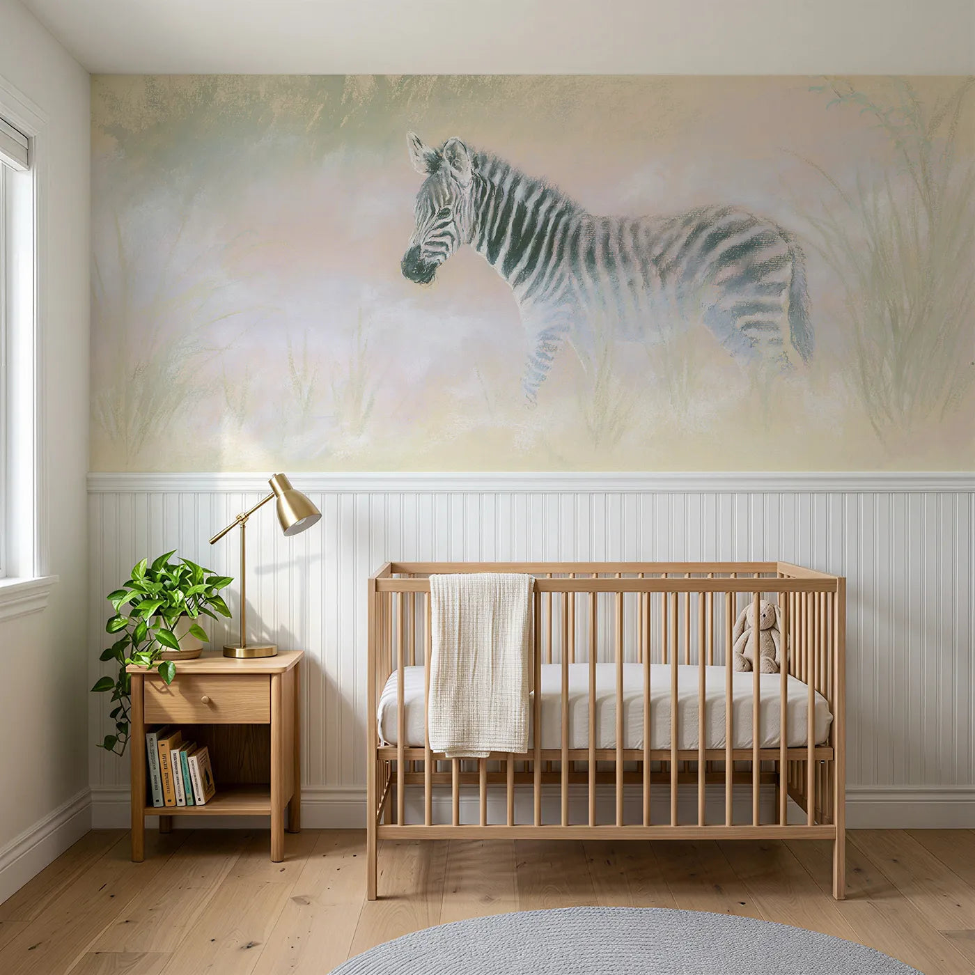 Soft pastel wainscoting wallpaper of a zebra foal in valley mist by Whimsy Tots