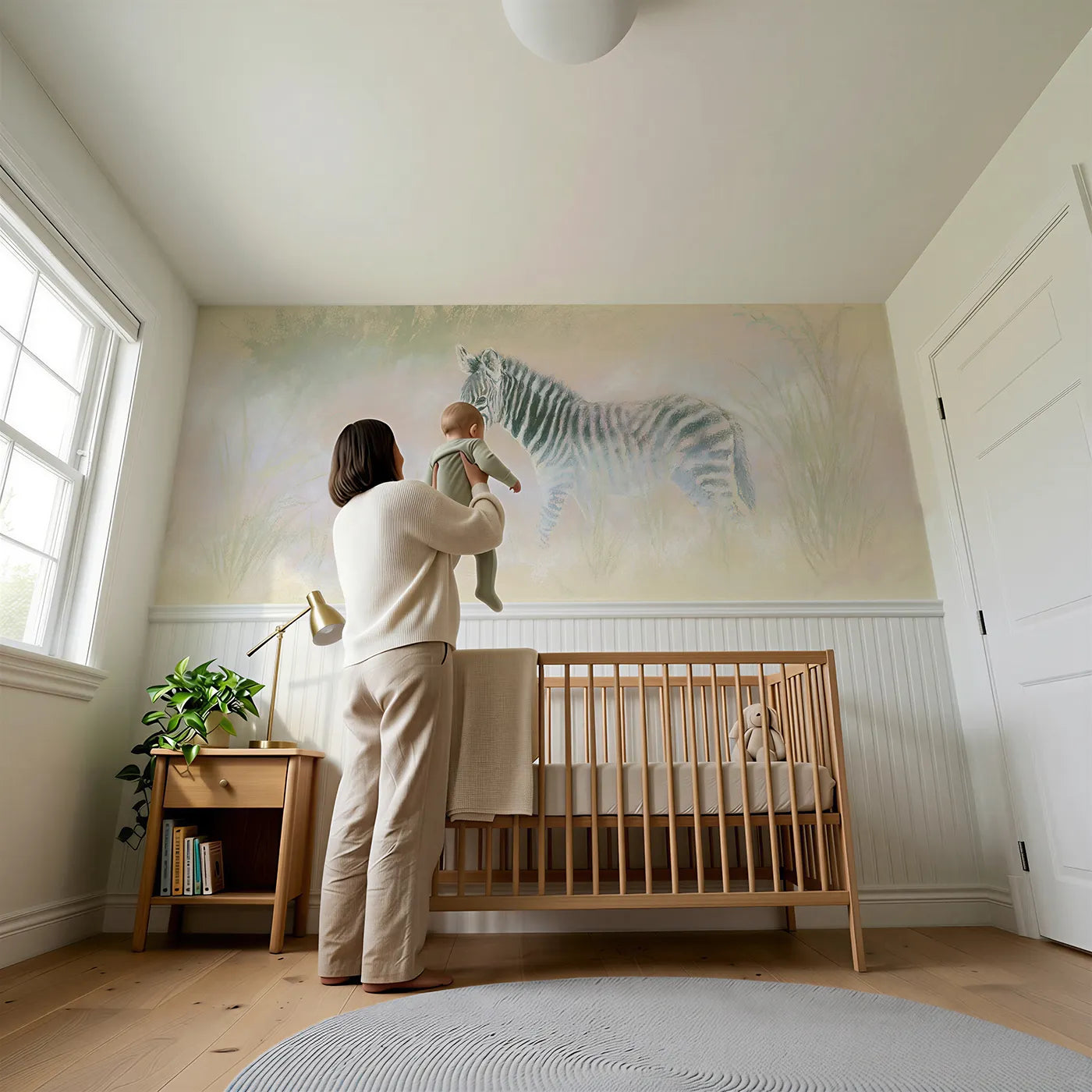 Child reading near Zebra Foal Soft Daydream Wainscoting Wallpaper by Whimsy Tots