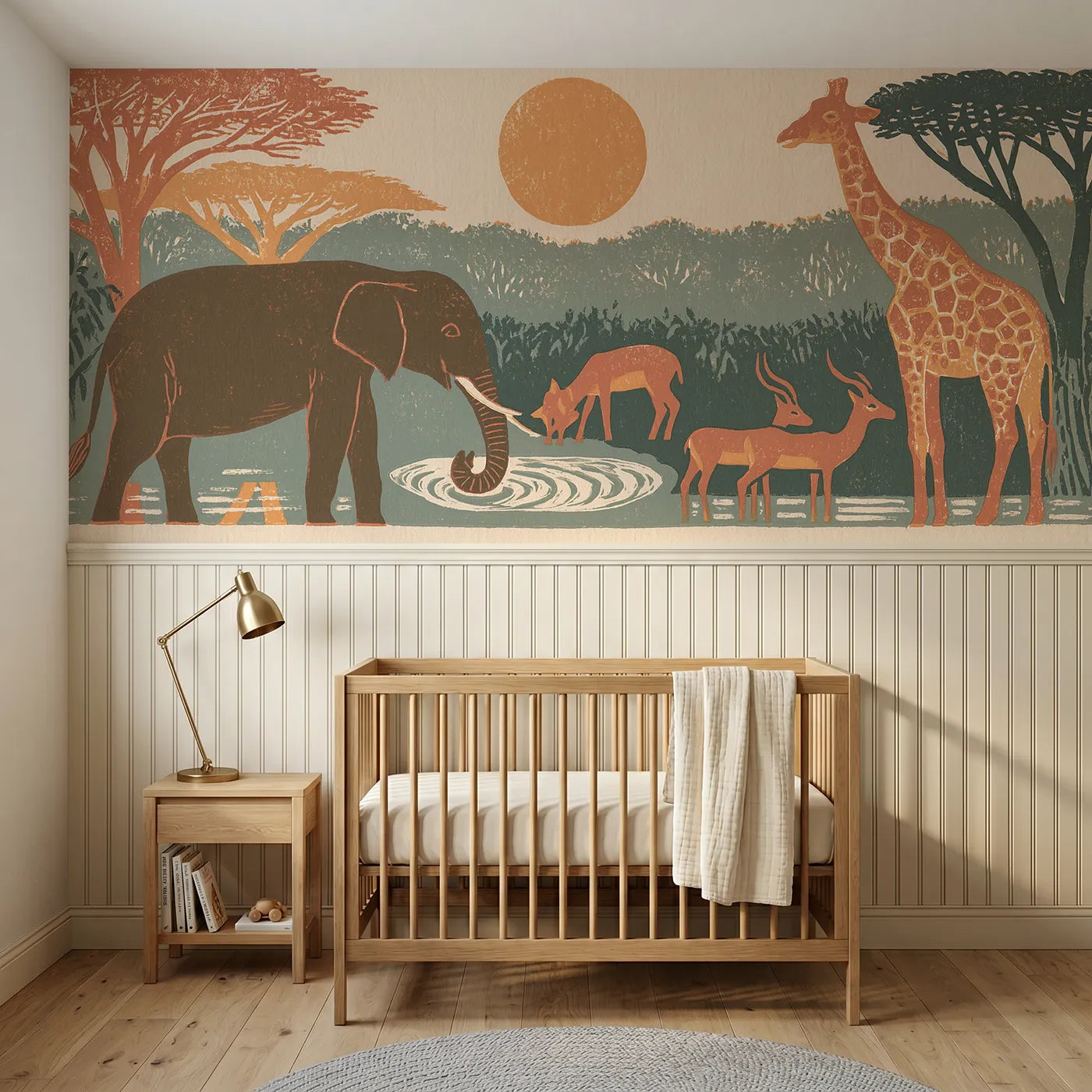Block print wainscoting wallpaper of carved animals at an evening watering hole by Whimsy Tots