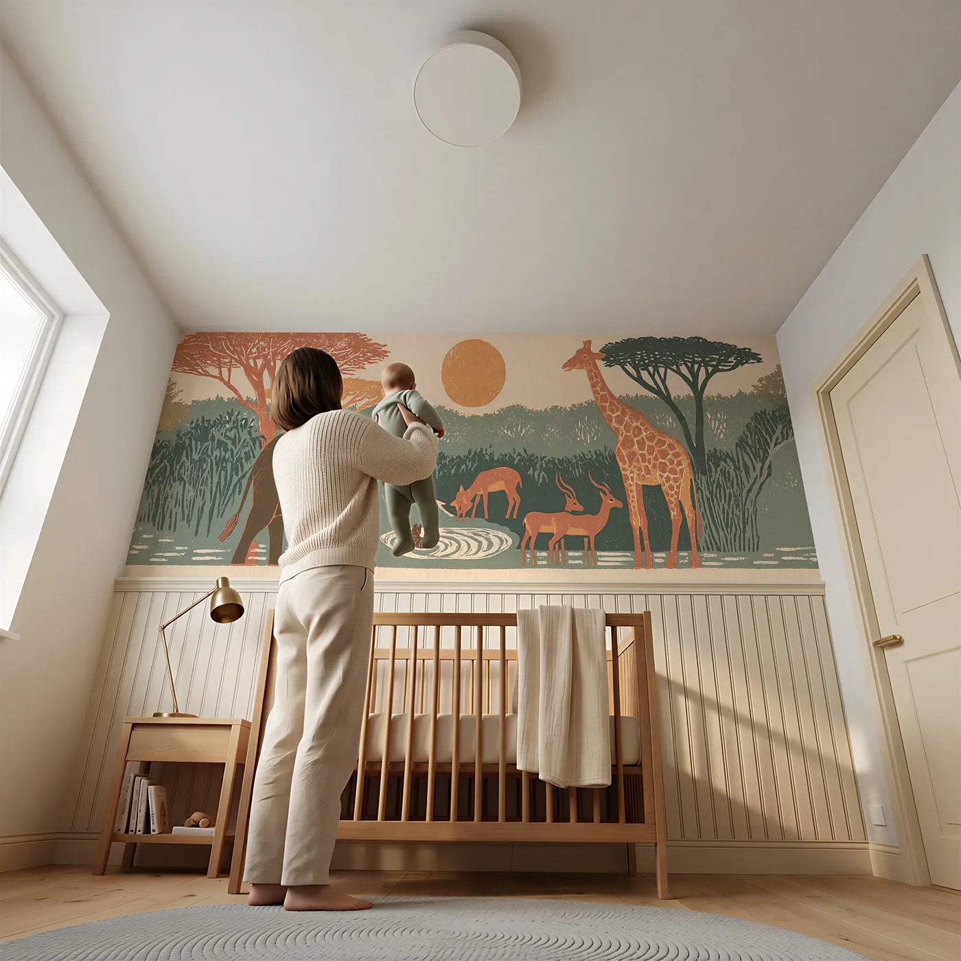 Child reading near Carved Watering Hole Evening Wainscoting Wallpaper by Whimsy Tots