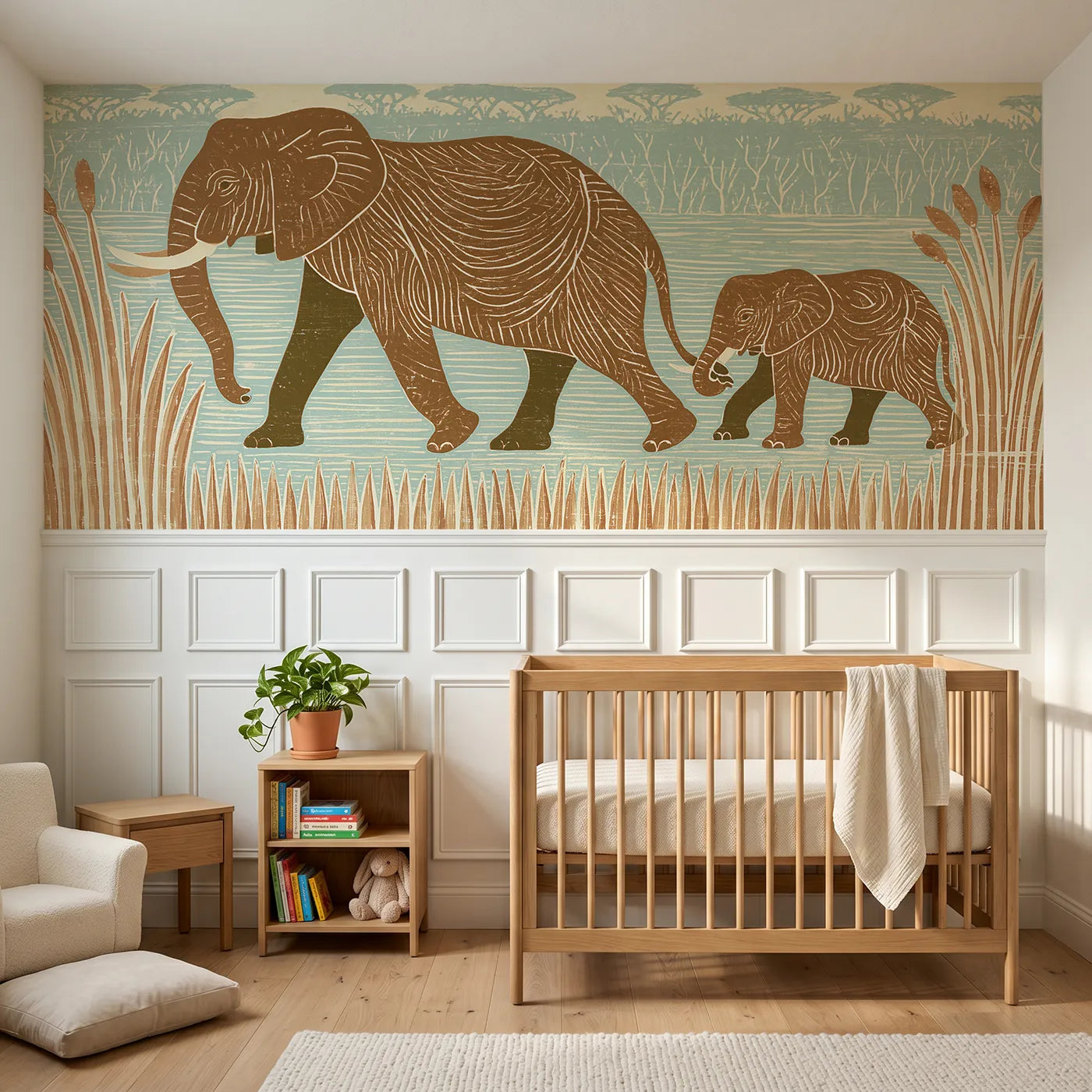 Block print wainscoting wallpaper of a carved elephant calf following its mother by Whimsy Tots