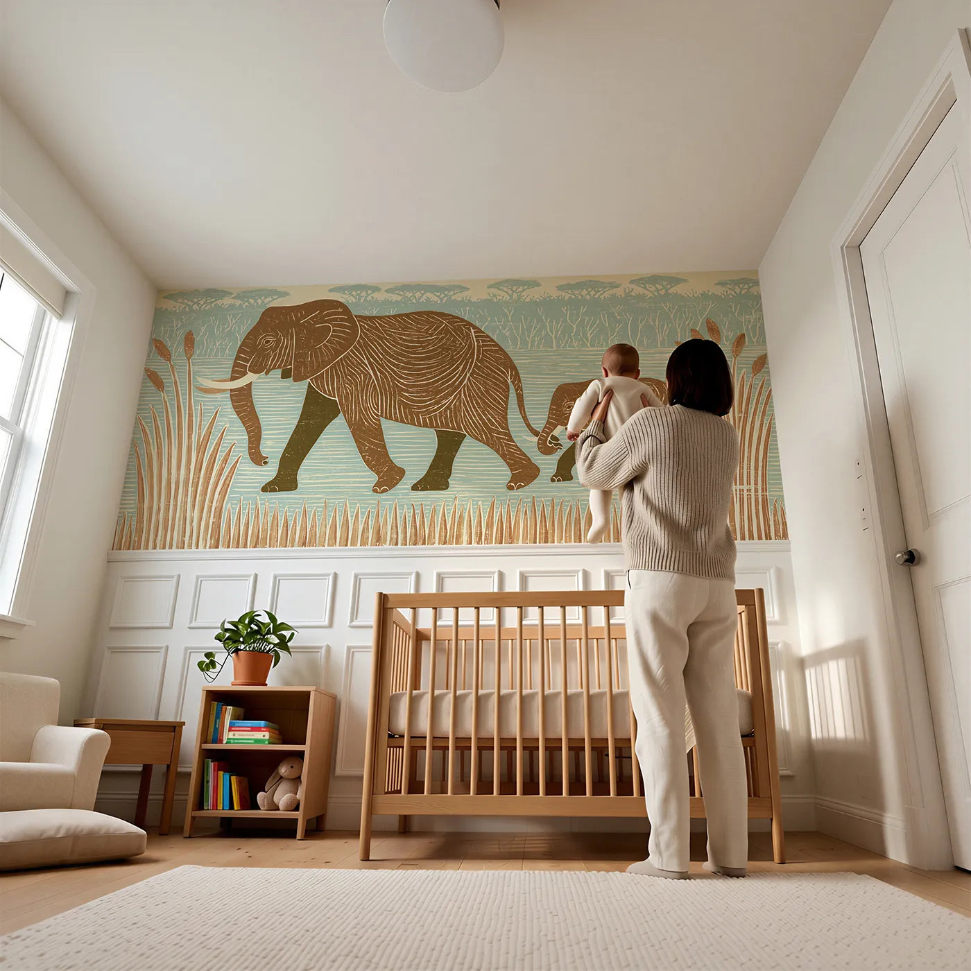 Child reading near Carved Elephant Calf Follow Wainscoting Wallpaper by Whimsy Tots
