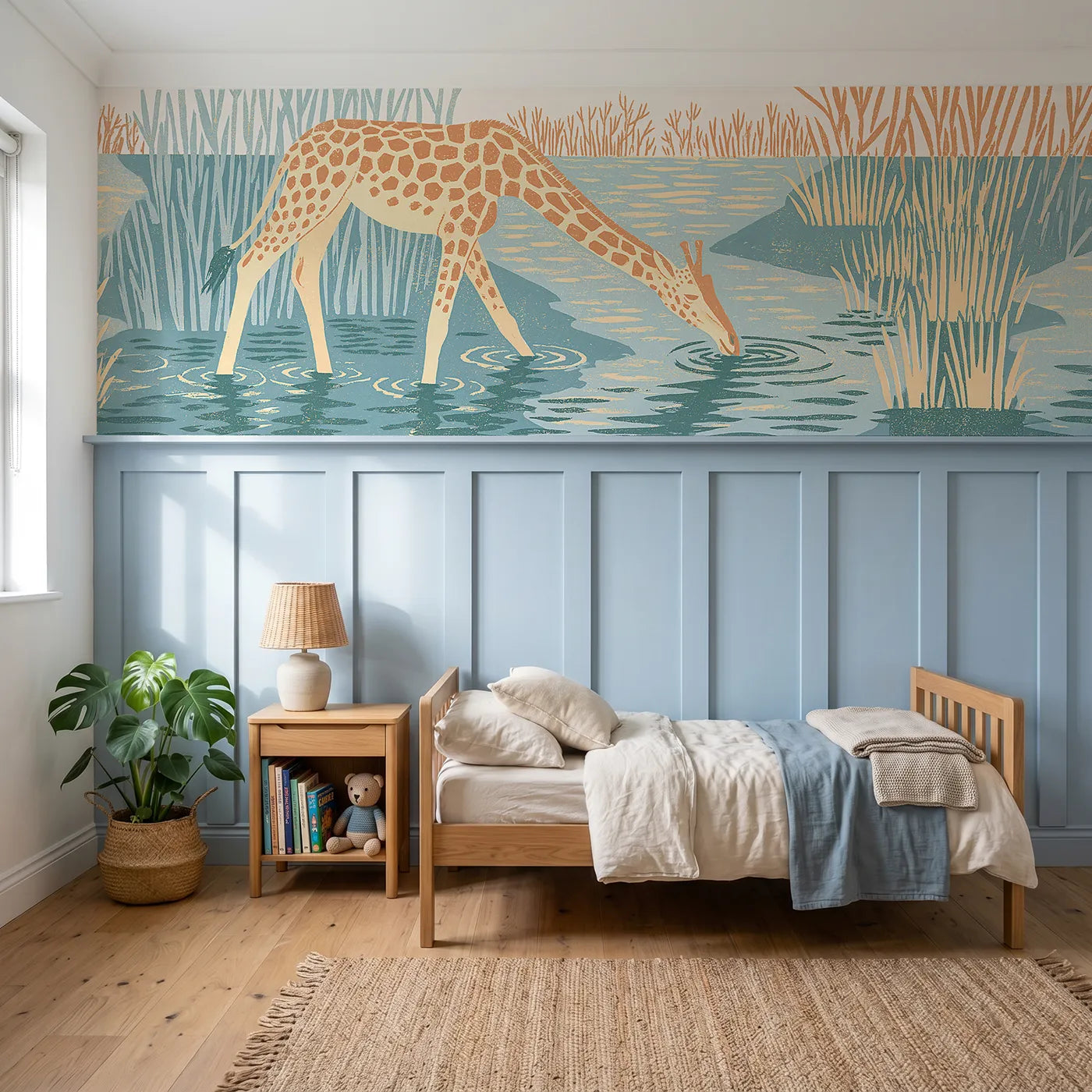 Block print wainscoting wallpaper of a carved giraffe drinking at a river bend by Whimsy Tots