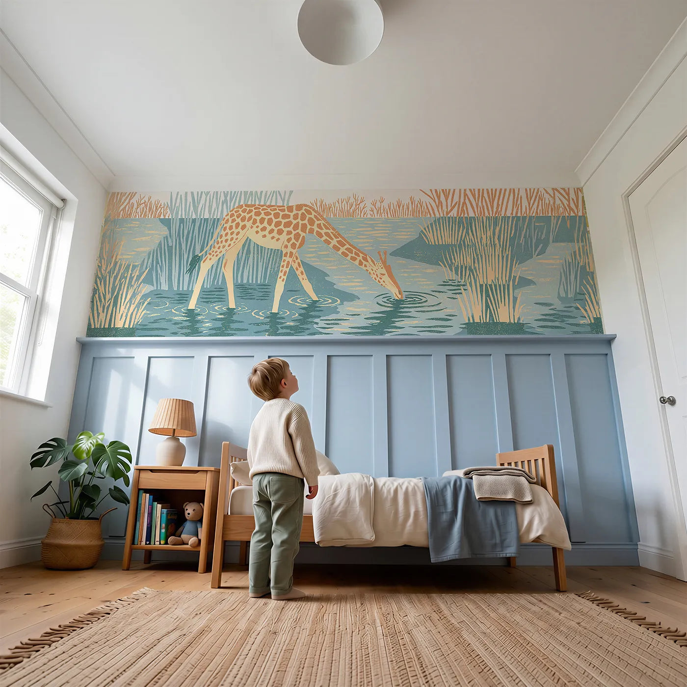 Child reading near Carved Giraffe River Bend Wainscoting Wallpaper by Whimsy Tots
