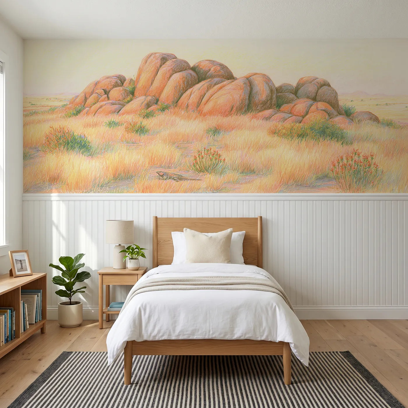 Colored pencil wainscoting wallpaper of a golden kopje with a basking lizard by Whimsy Tots