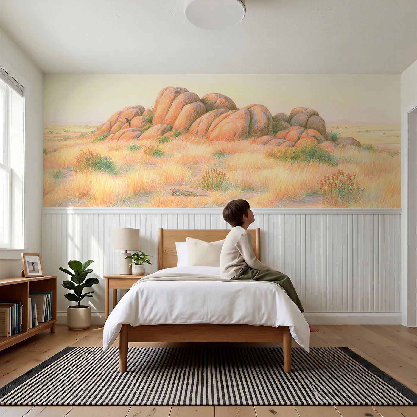 Child reading near Kopje Golden Hour Wainscoting Wallpaper by Whimsy Tots