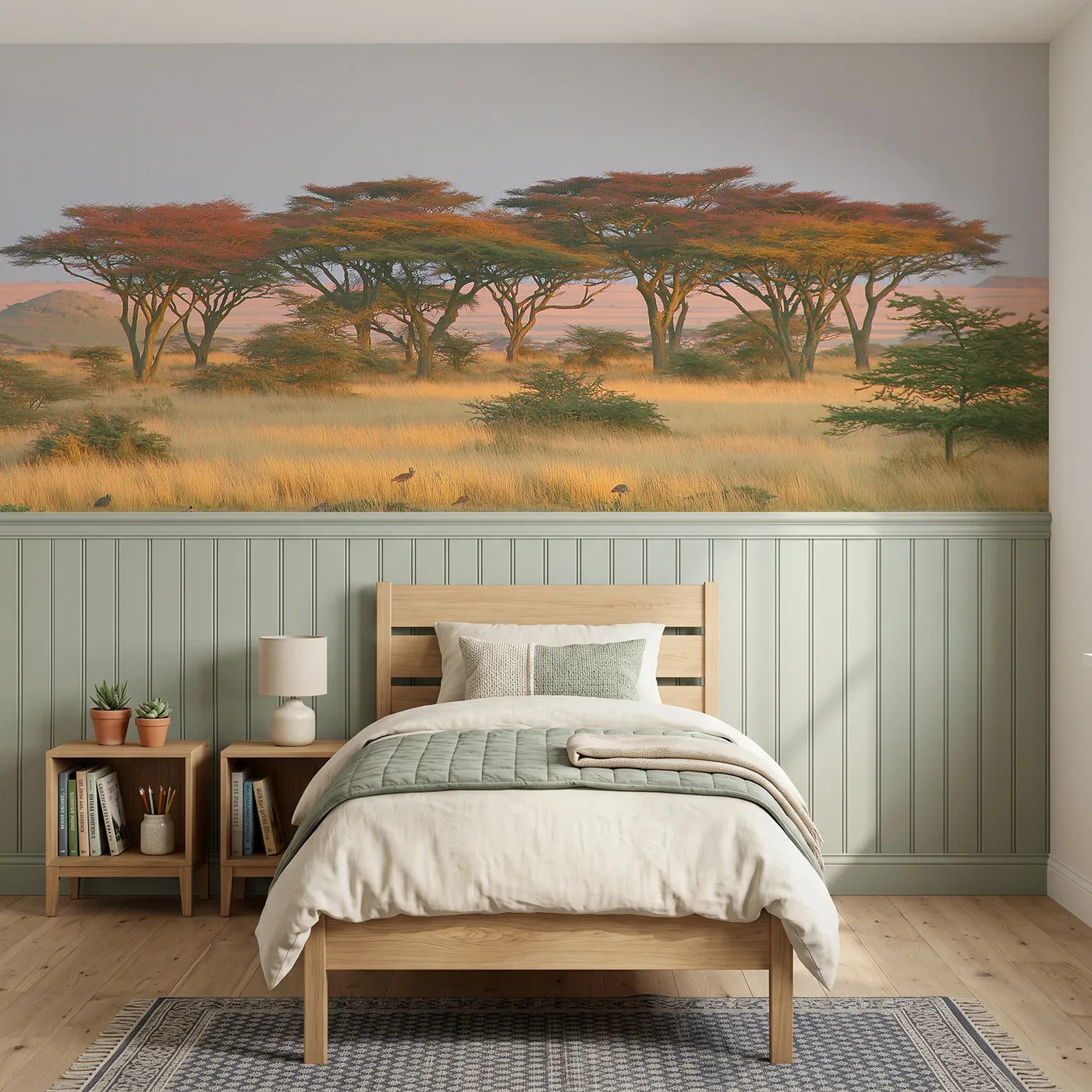 Colored pencil wainscoting mural of an acacia grove at first light by Whimsy Tots