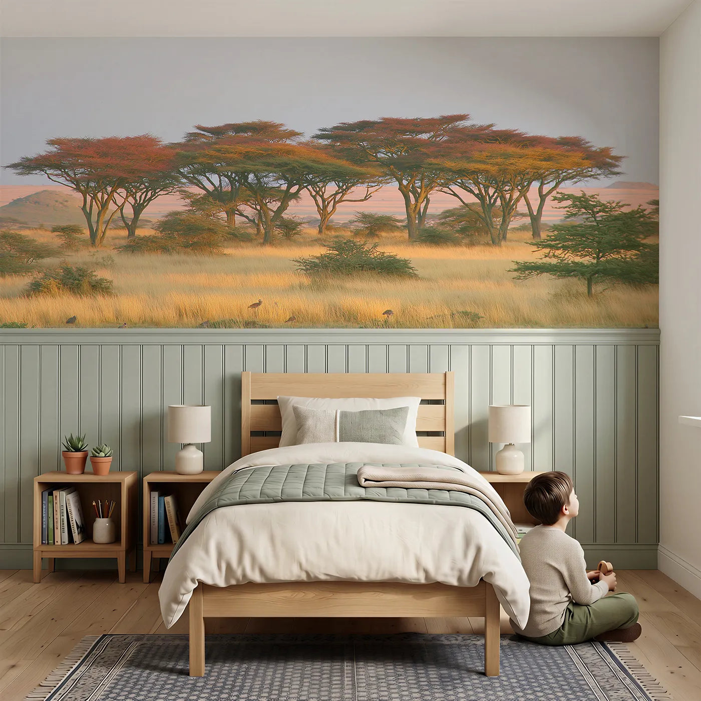Child reading near Acacia Grove First Light Wainscoting Wallpaper by Whimsy Tots