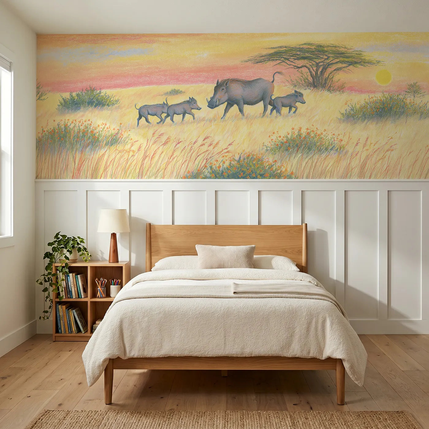 Colored pencil wainscoting wallpaper of a warthog family trotting at morning by Whimsy Tots