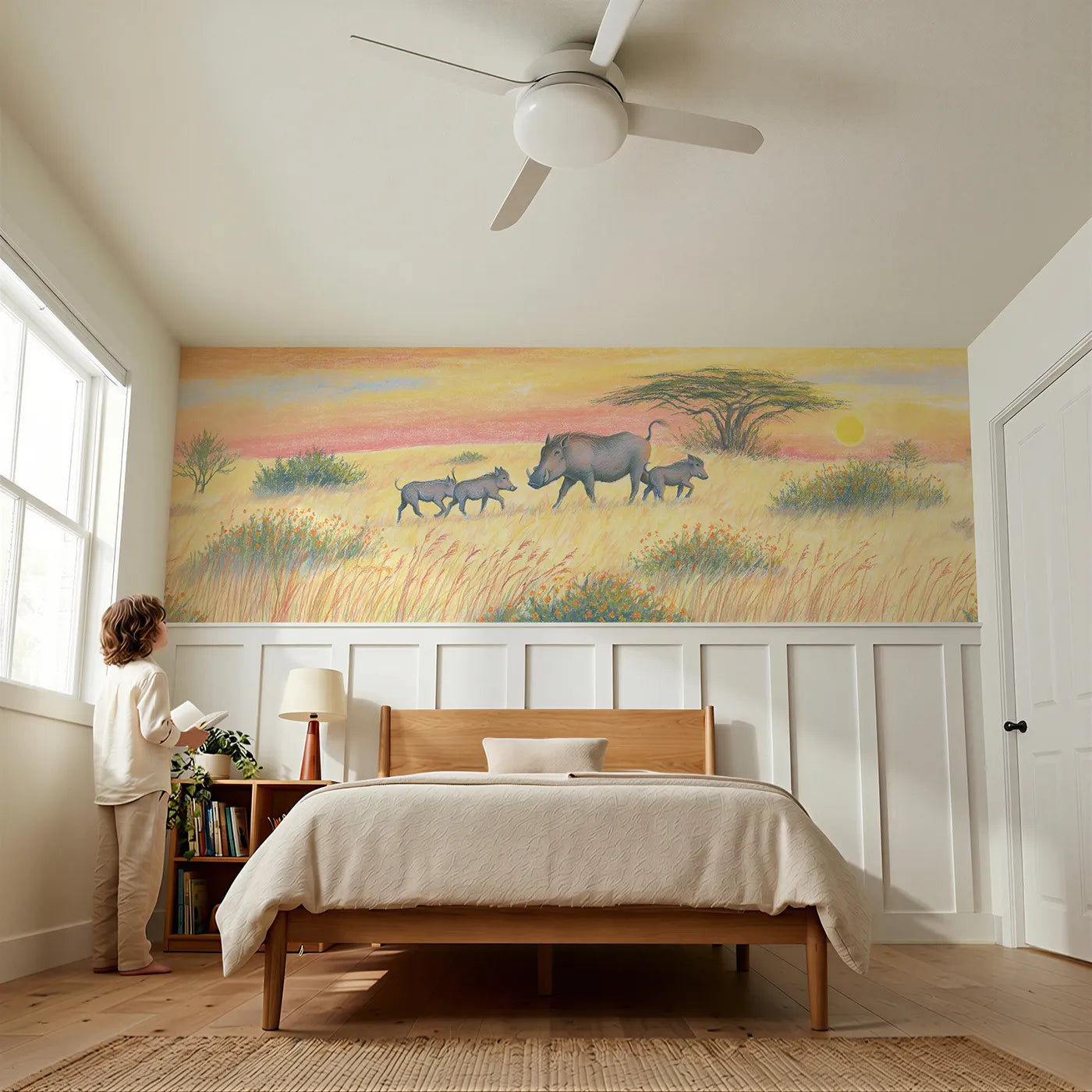 Child reading near Warthog Family Morning Trot Wainscoting Wallpaper by Whimsy Tots
