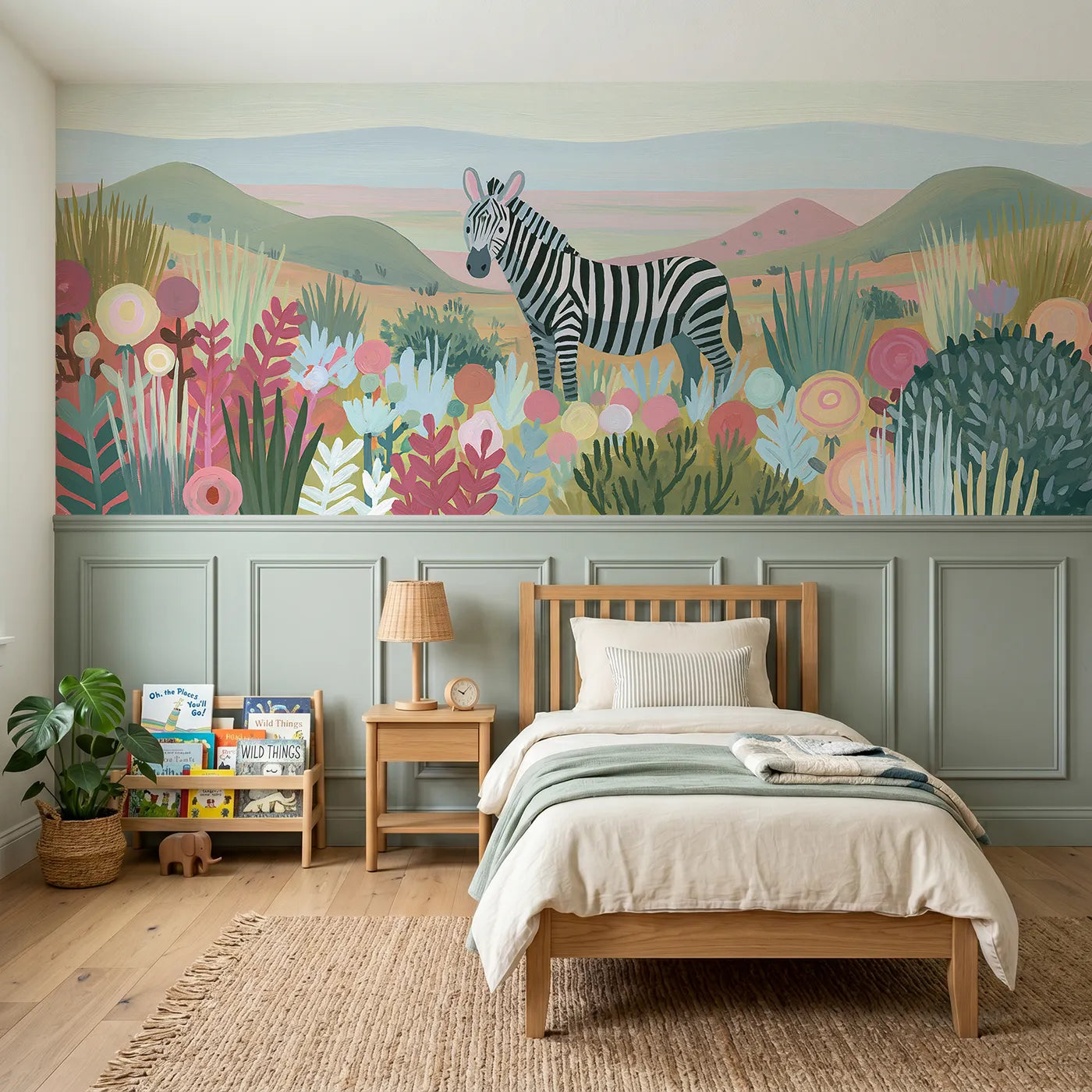 Modern illustration wainscoting wallpaper of a zebra in a painted flower field by Whimsy Tots