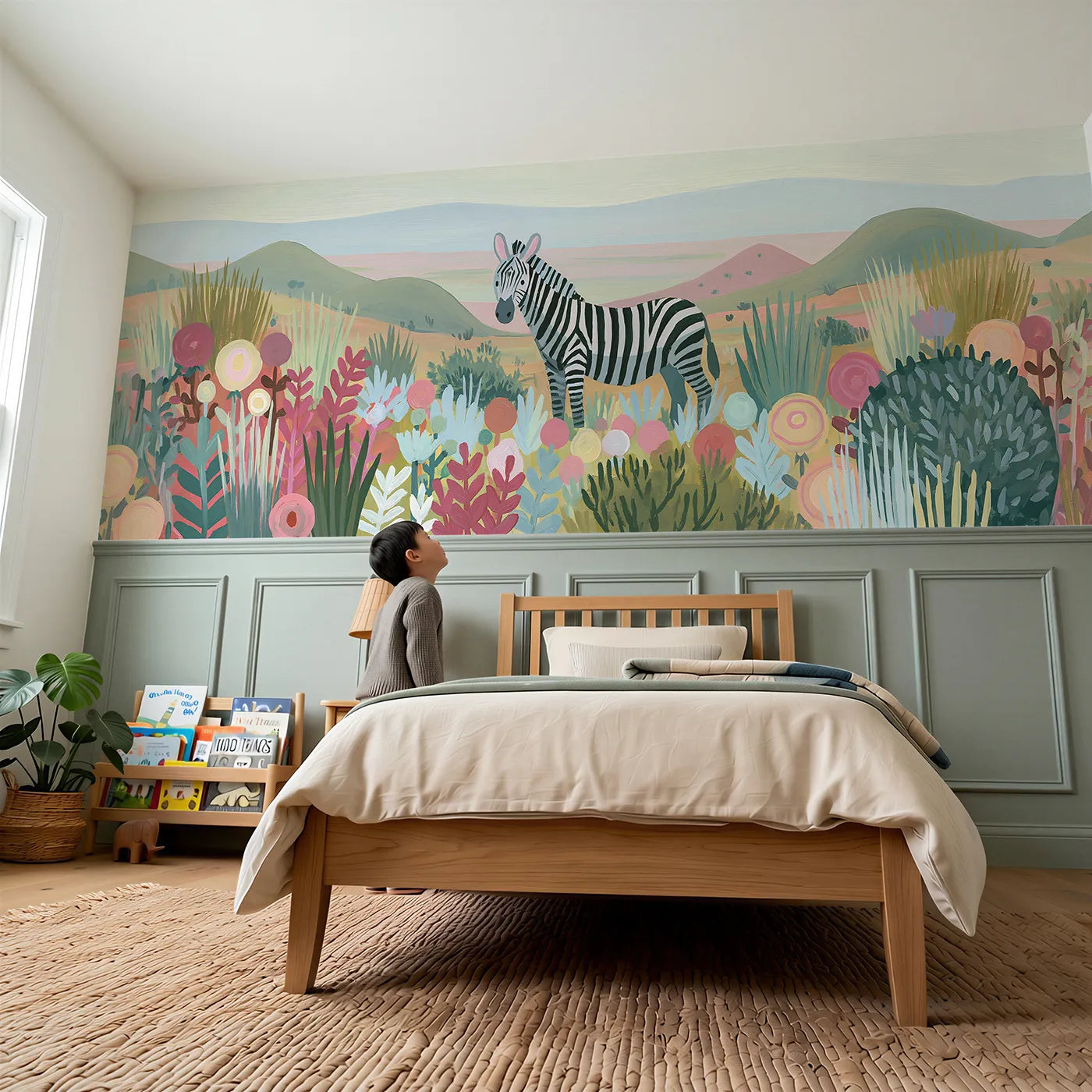 Child reading near Painted Zebra Flower Field Wainscoting Wallpaper by Whimsy Tots