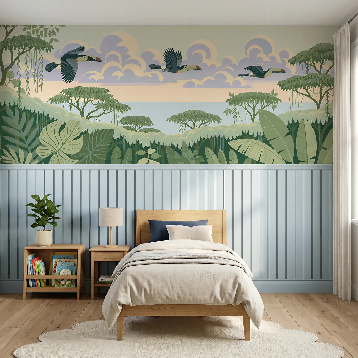 Modern illustration wainscoting wallpaper of three toucans flying among clouds by Whimsy Tots