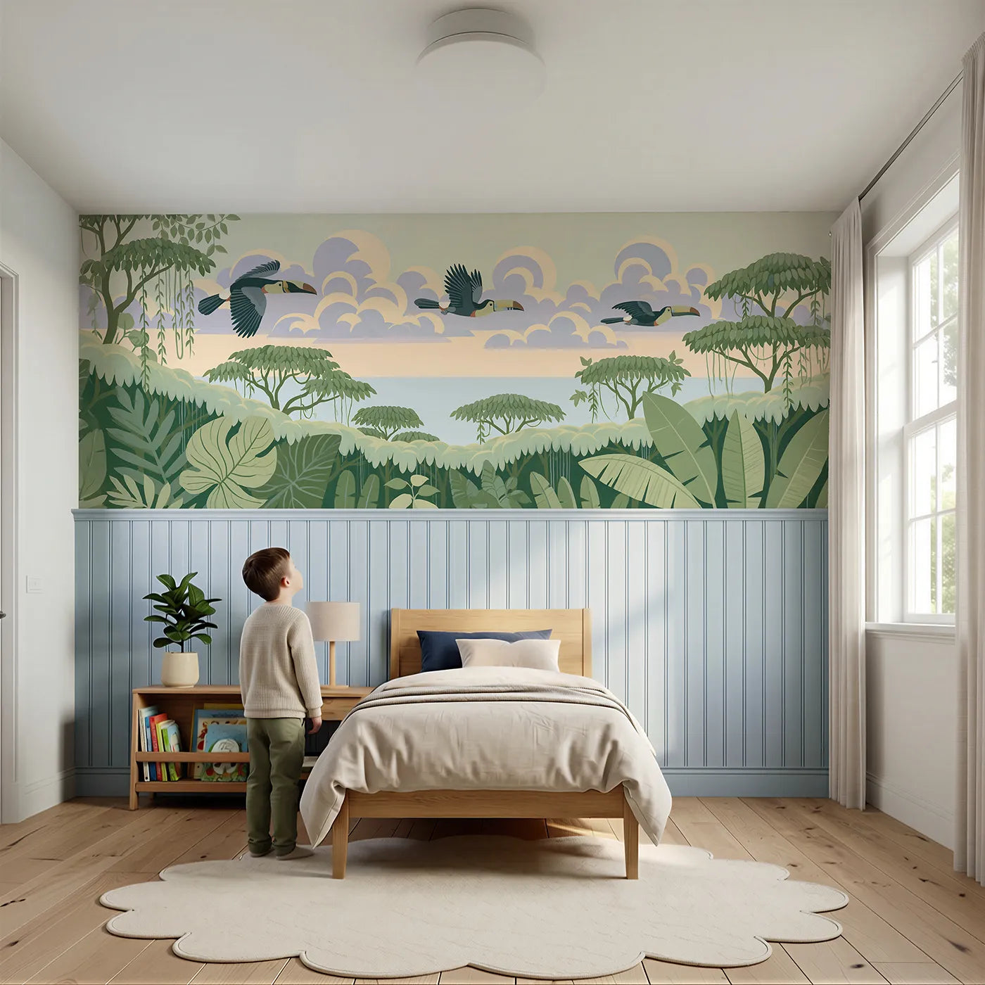Child reading near Painted Toucan Flight Shapes Wainscoting Wallpaper by Whimsy Tots