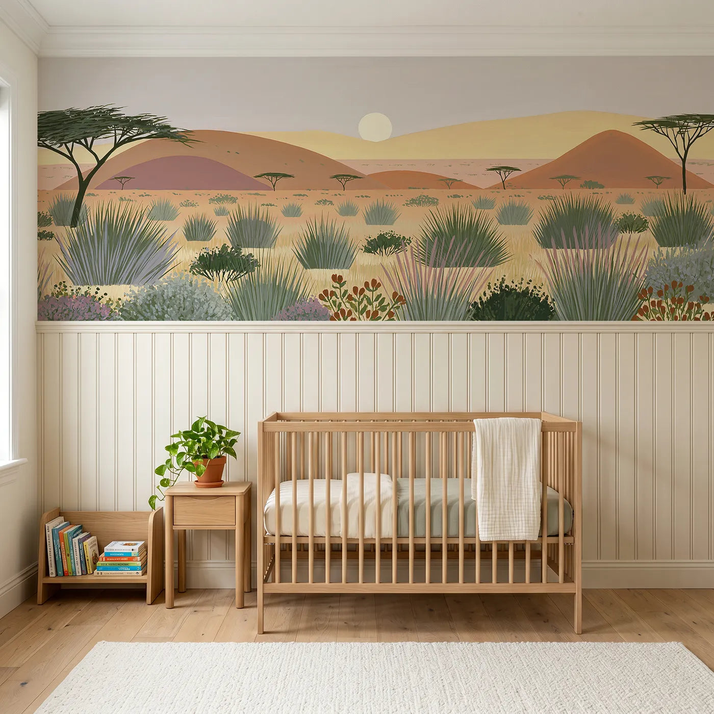 Modern illustration wainscoting wallpaper of a painted savanna sunrise by Whimsy Tots