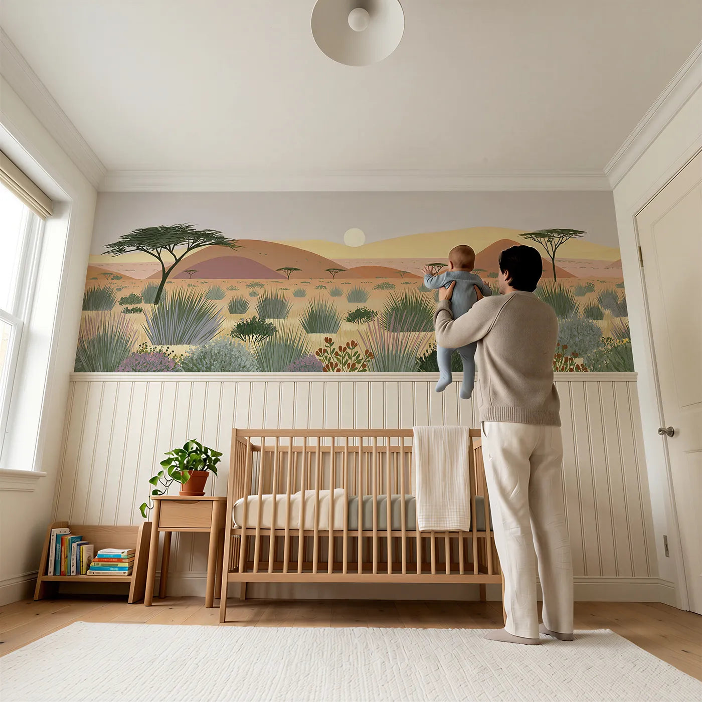 Child reading near Painted Savanna Morning Shapes Wainscoting Wallpaper by Whimsy Tots