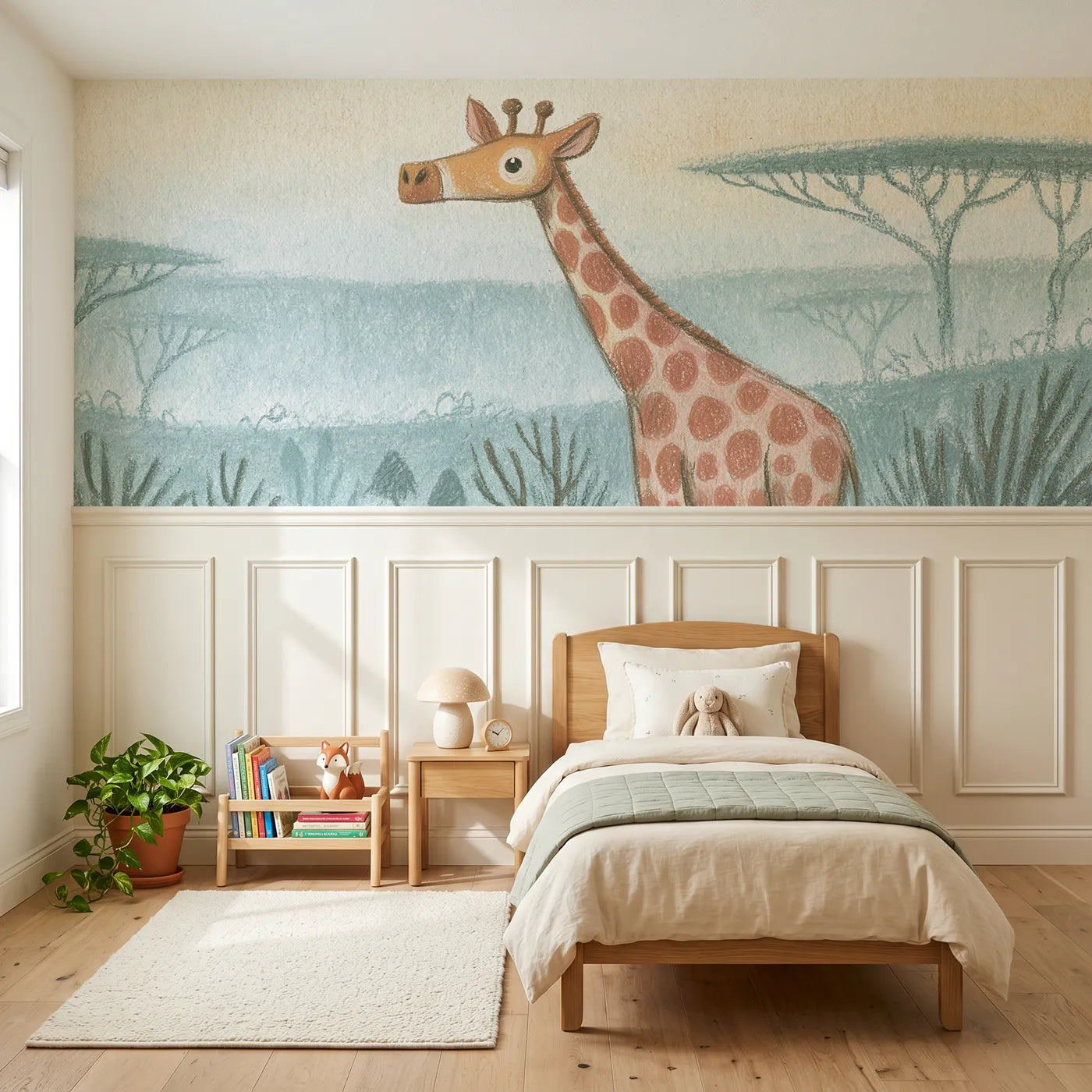 Colored pencil wainscoting wallpaper of a quiet giraffe at pale daybreak by Whimsy Tots