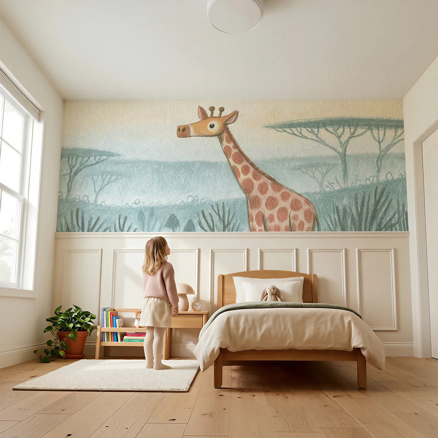 Child reading near Giraffe Quiet Daybreak Wainscoting Wallpaper by Whimsy Tots